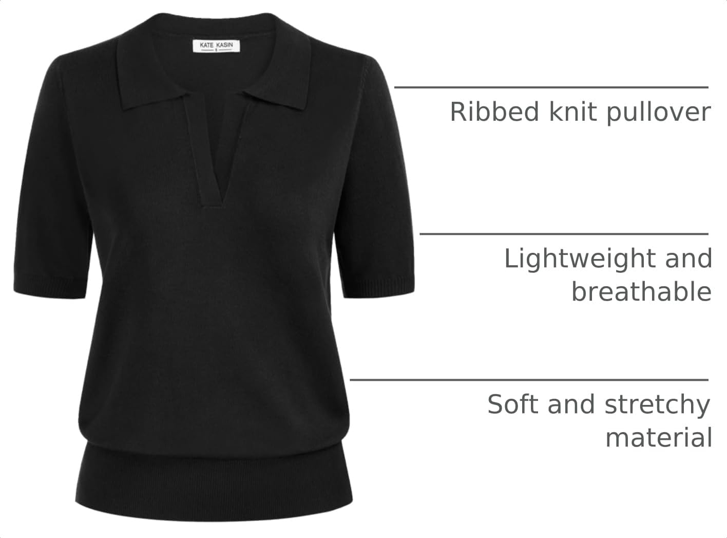 Detalle de Kate Kasin Women Short Sleeve Polo Sweater V Neck Knitted Tops Casual Ribbed Shirt Loose Pullover Sweater