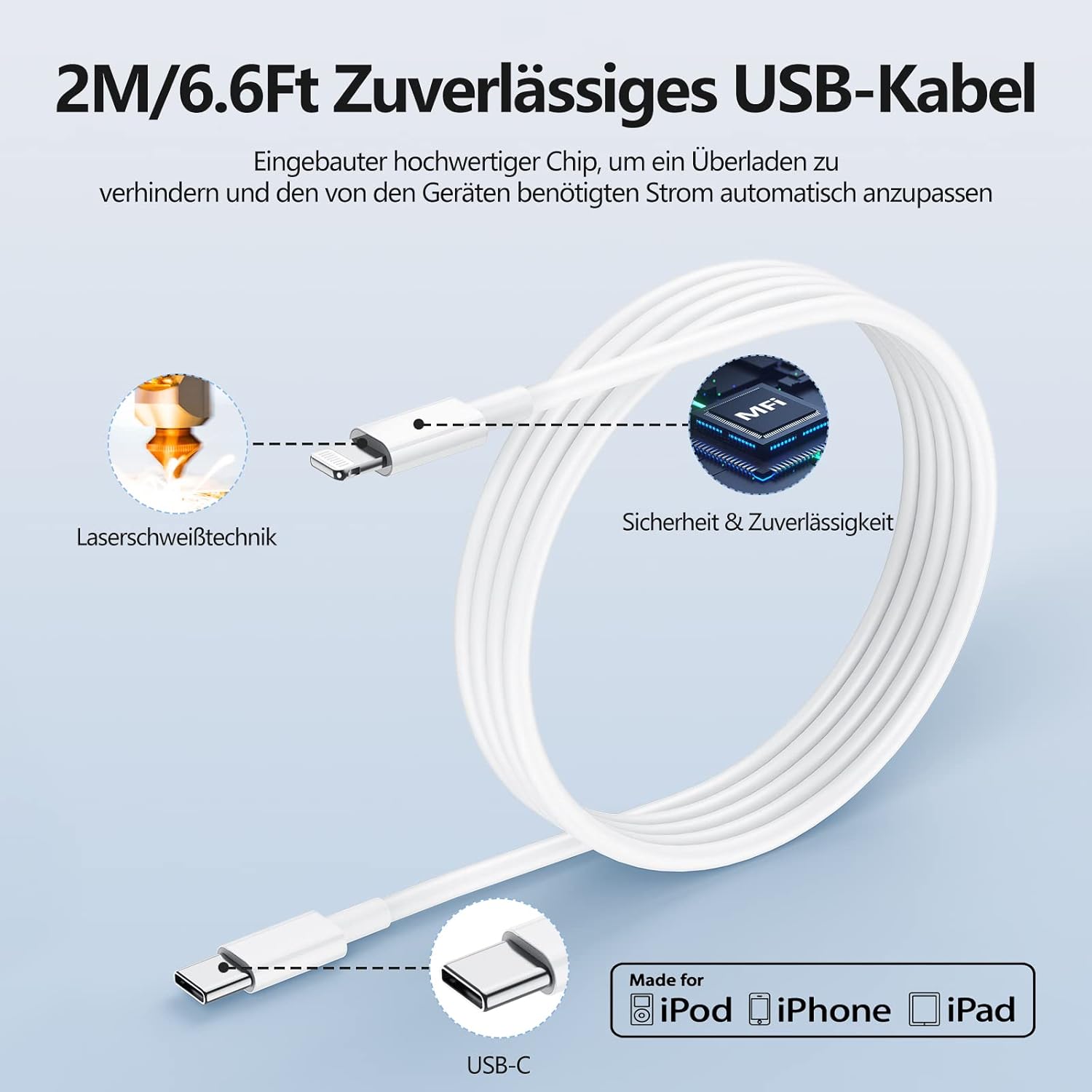 Thumbnail 3 de Chargeur rapide USB-C 20W Kitminun pour iPhone 17/16 Pro et iPad – lot 2 câbles USB-C 2m inclus