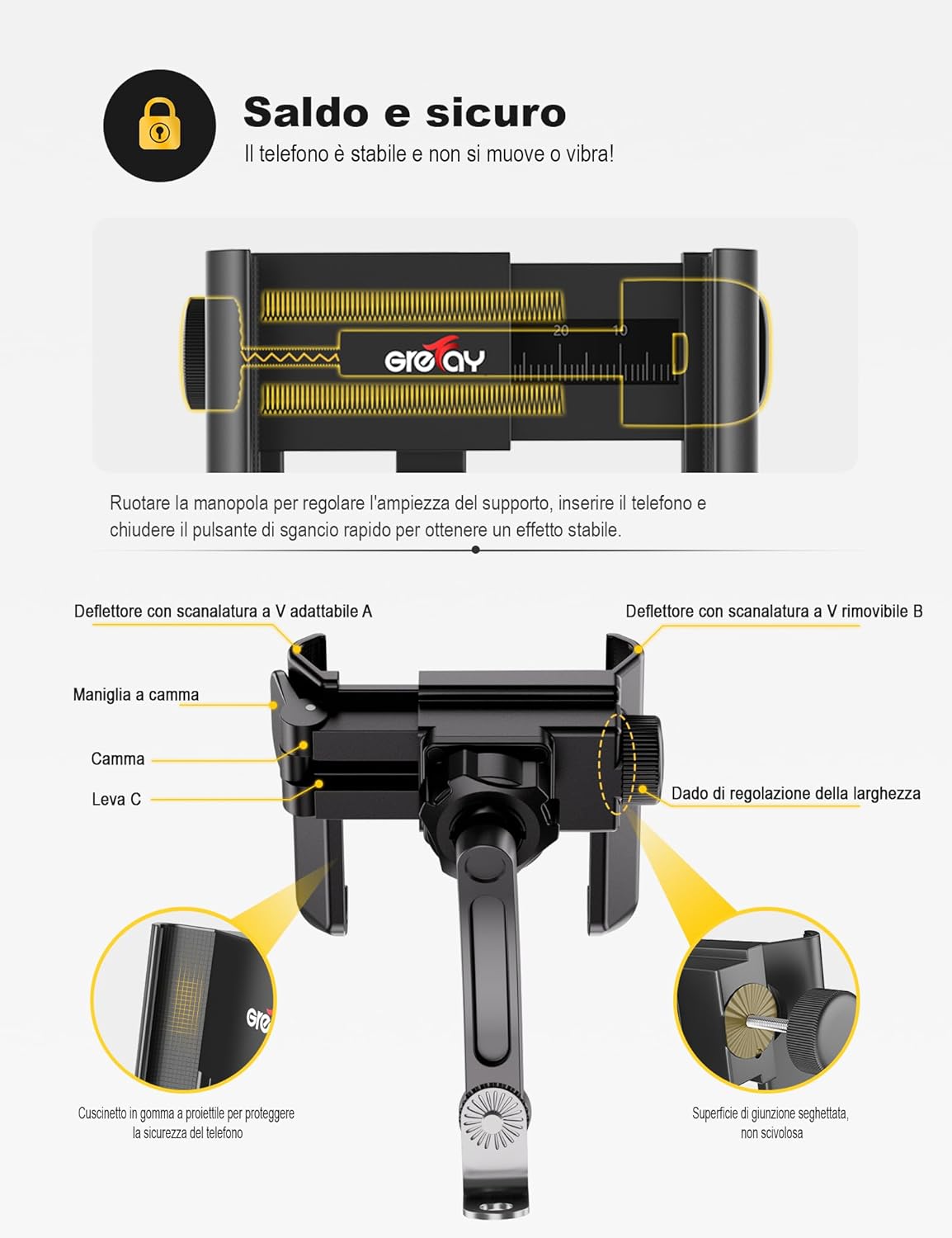 Thumbnail 4 de Grefay Supporto Telefono Moto 360° con Rilascio Rapido – 3,5–7,0 Pollici