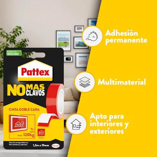 Detalle de Pattex No Más Clavos Cinta: cinta doble cara extrafuerte 19 mm x 1,5 m para interior y exterior