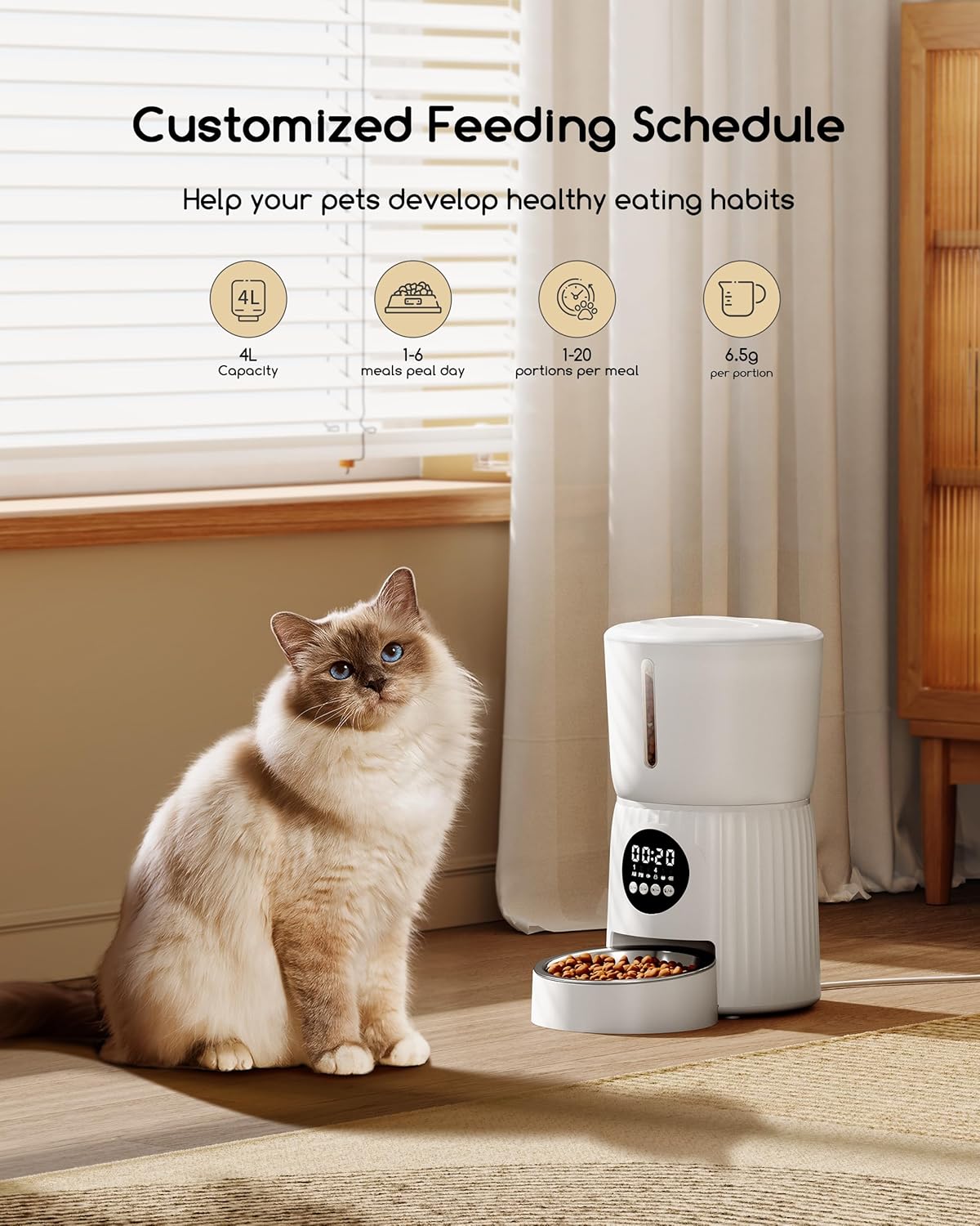 Detalle de Faroro 4L Futterautomat für Katzen mit Timer, 1–6 Mahlzeiten und 10s Sprachaufnahme