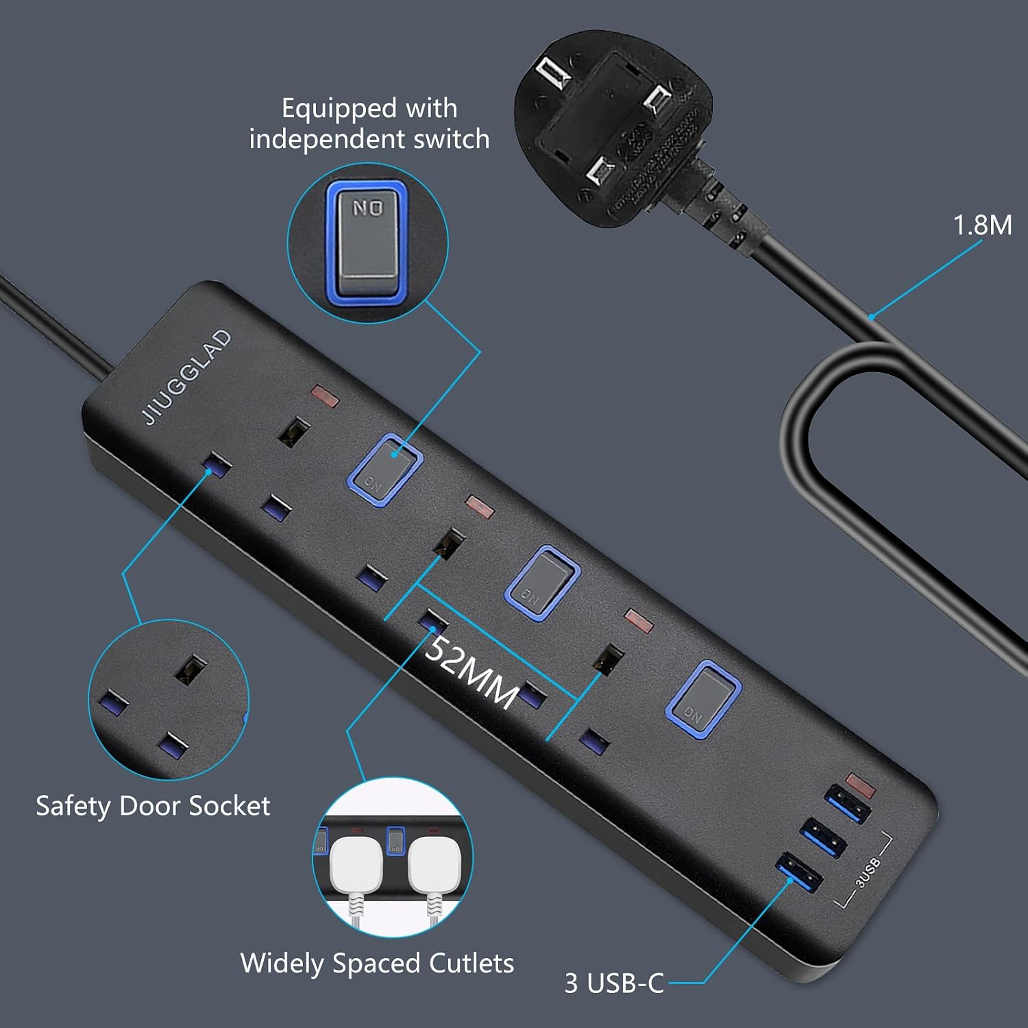 Detalle 1 de Extension Lead with USB Slots(3 USB), 1.8M Extension Cable, 3 Way Plug Extension Socket with Individual Switches, Wall Mount Extension Cord for Home, Office
Extension Lead with USB Slots(3 USB), 1.8M Extensi…