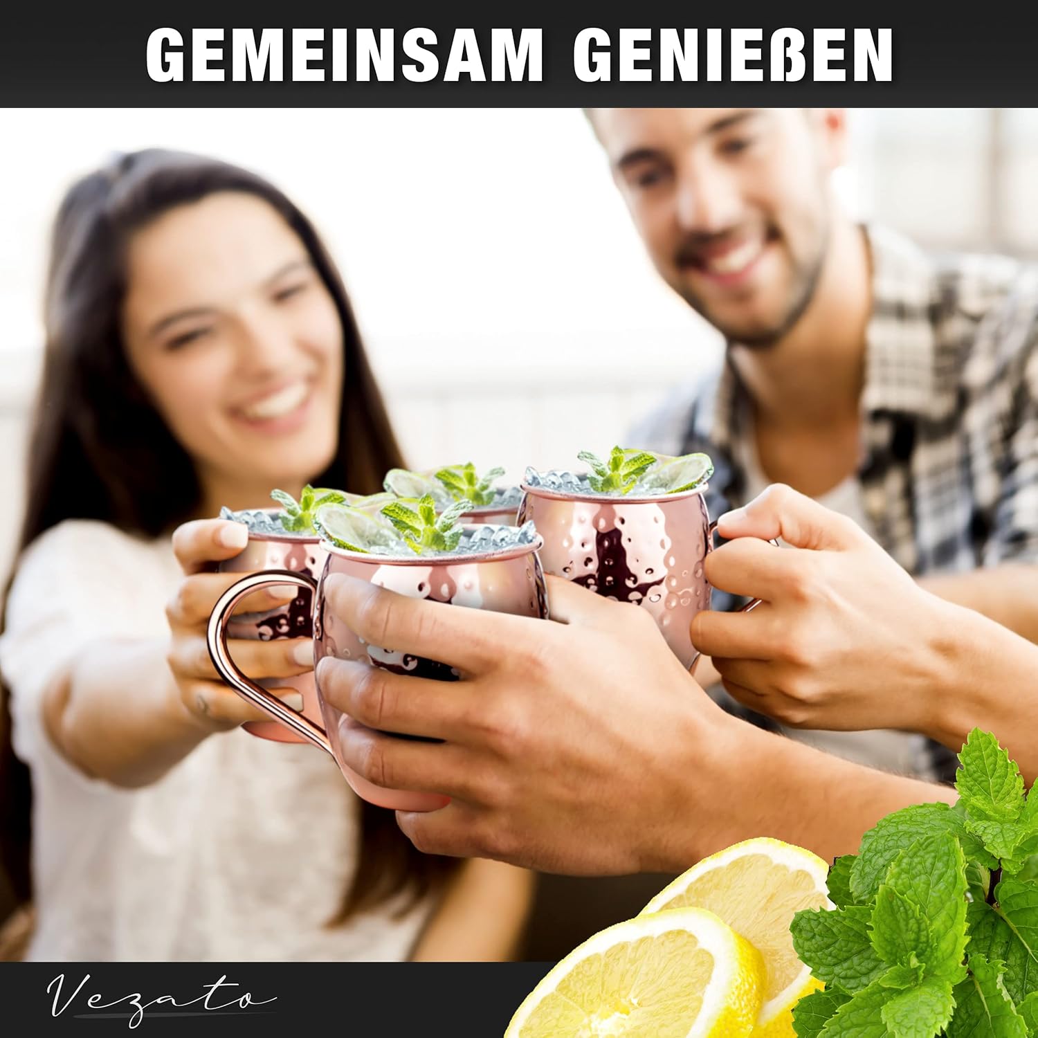 Thumbnail 6 de Vezato Moscow-Mule-Becher 500 ml – gehämmert, rostfreier Edelstahl mit Kupferbeschichtung, 4er Set inkl. Strohhalmen