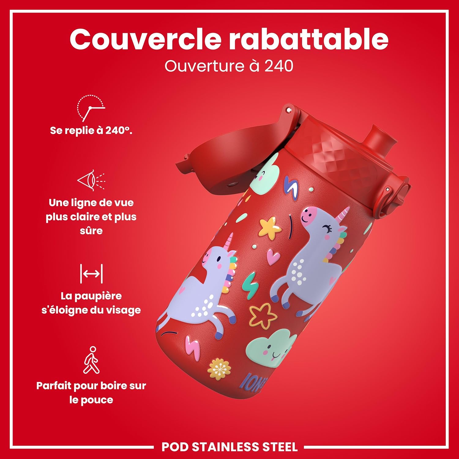 Detalle 2 de ION8 Gourde Enfant – Anti-Fuite, Ouverture Facile et Verrouillage Sécurisé, Lavable au Lave-Vaisselle, Motif Licornes
