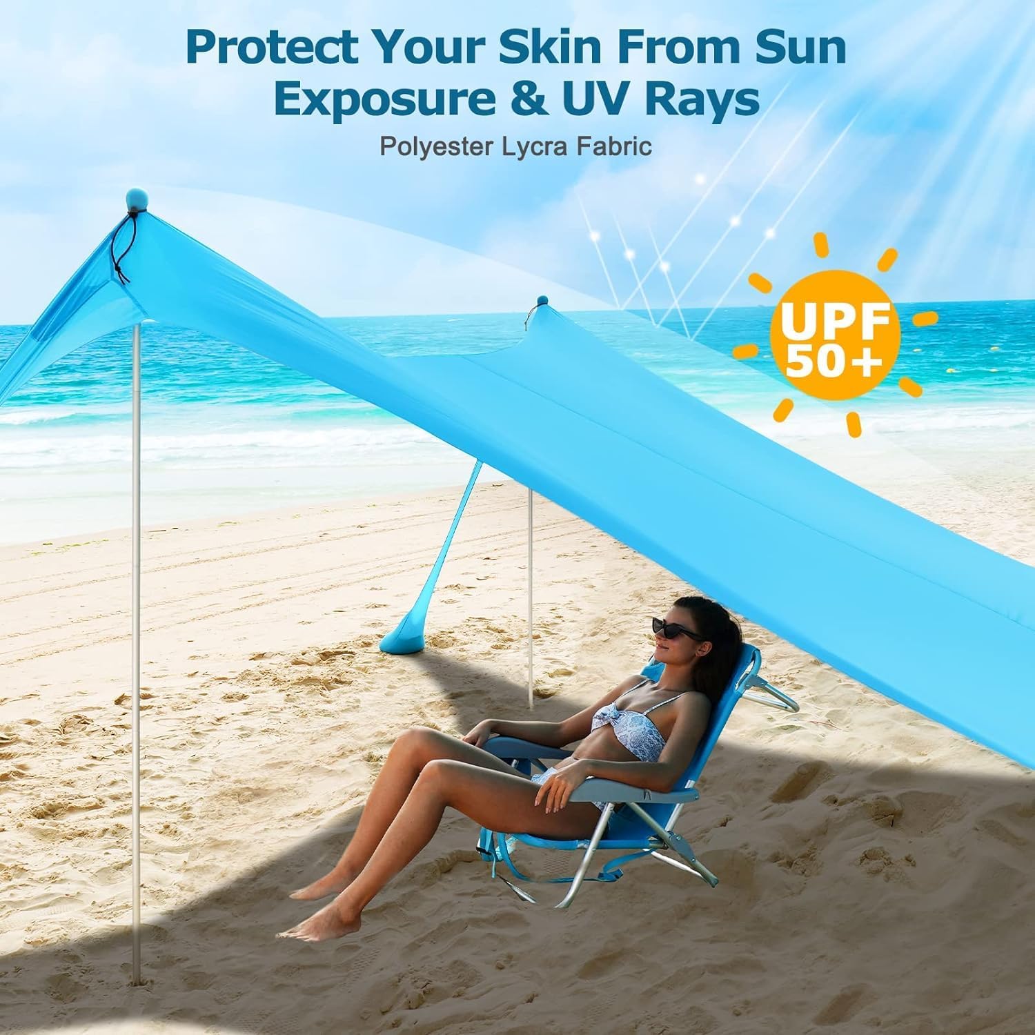 Thumbnail 2 de COMMOUDS Sonnenschutz Strandzelt UPF50+ 3x3 m – Strand mit 4 Aluminiumstangen, Sandsäcke und Tragetasche