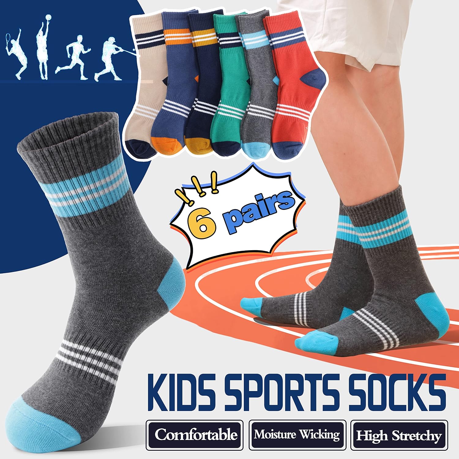 Thumbnail 2 de Welwoos Kids Athletic Crew Socks 6 Pairs