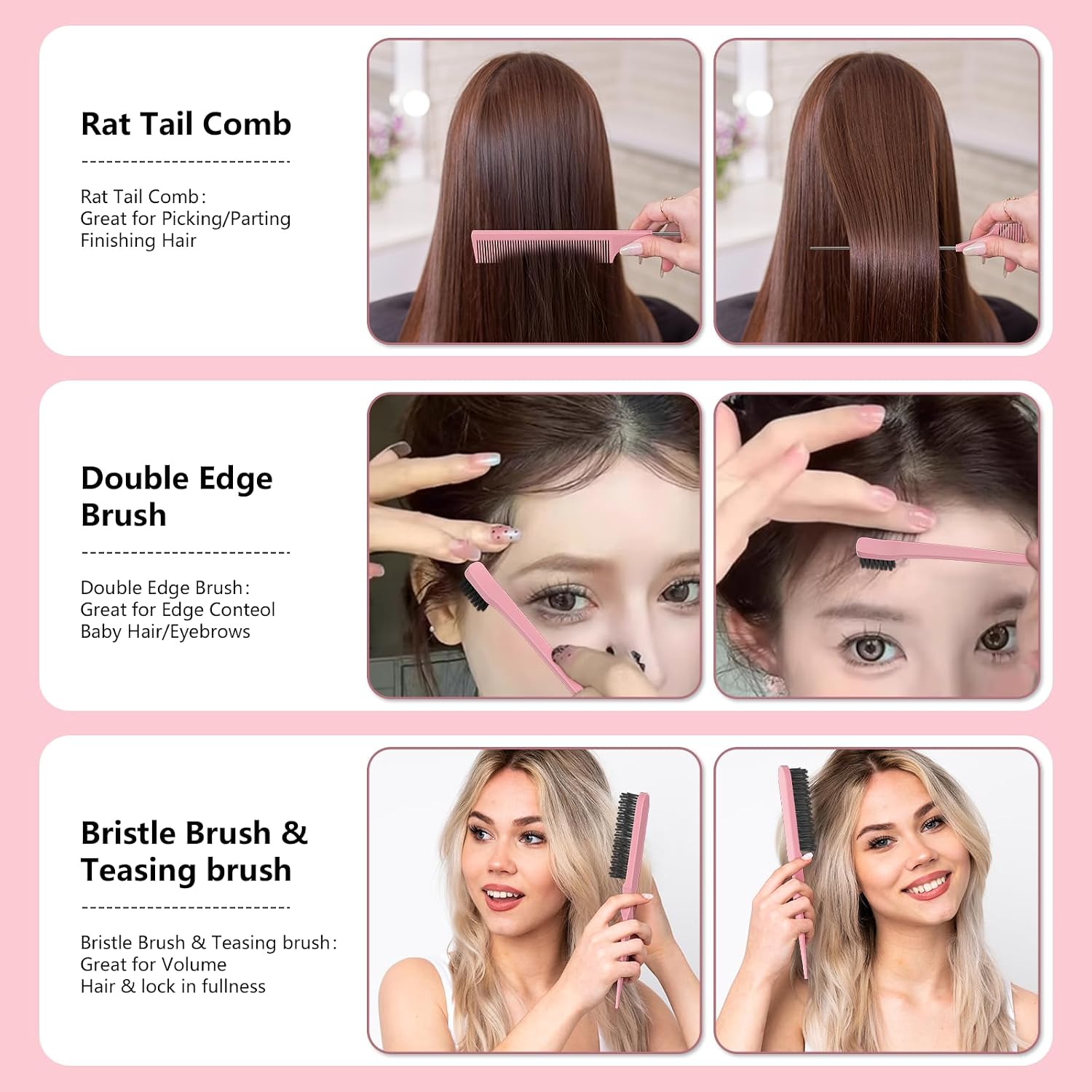Detalle de HEZ Curl Defining Brush Set (Pink) for Combing and Shaping Curls, Slick Backs & More