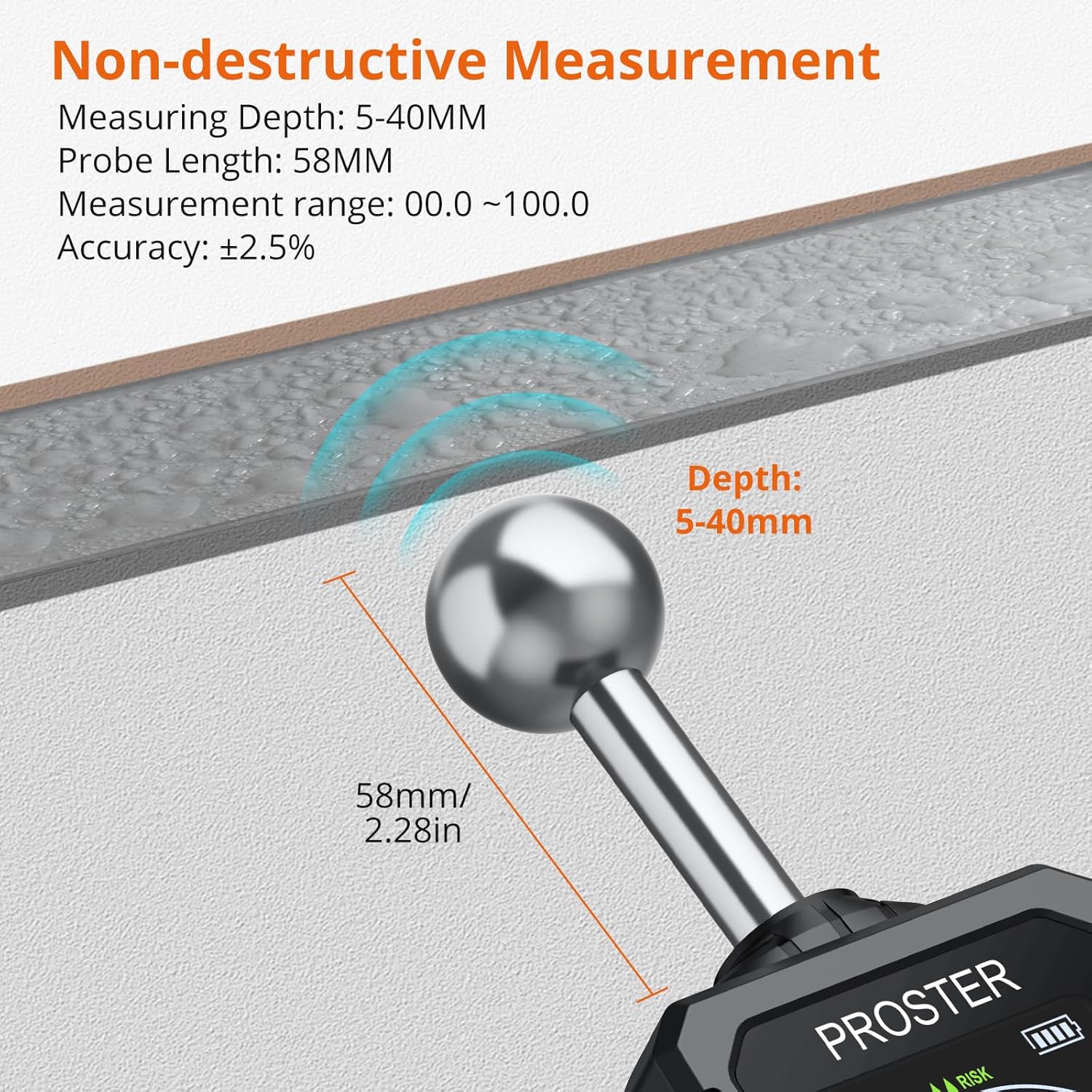 Thumbnail 2 de Proster Feuchtigkeitsmessgerät für Mauerwerk (0–40 mm) mit LCD-Display, USB-C wiederaufladbar – Kugelform