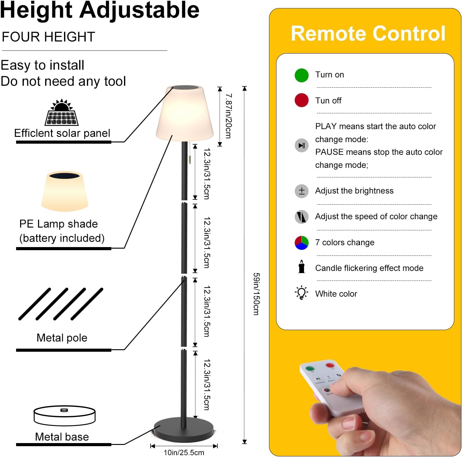 Thumbnail 5 de Solar Outdoor Floor Lamp (Cordless, IP65) with Dimmable Warm White + RGB LED, Remote Control & Light Sensor