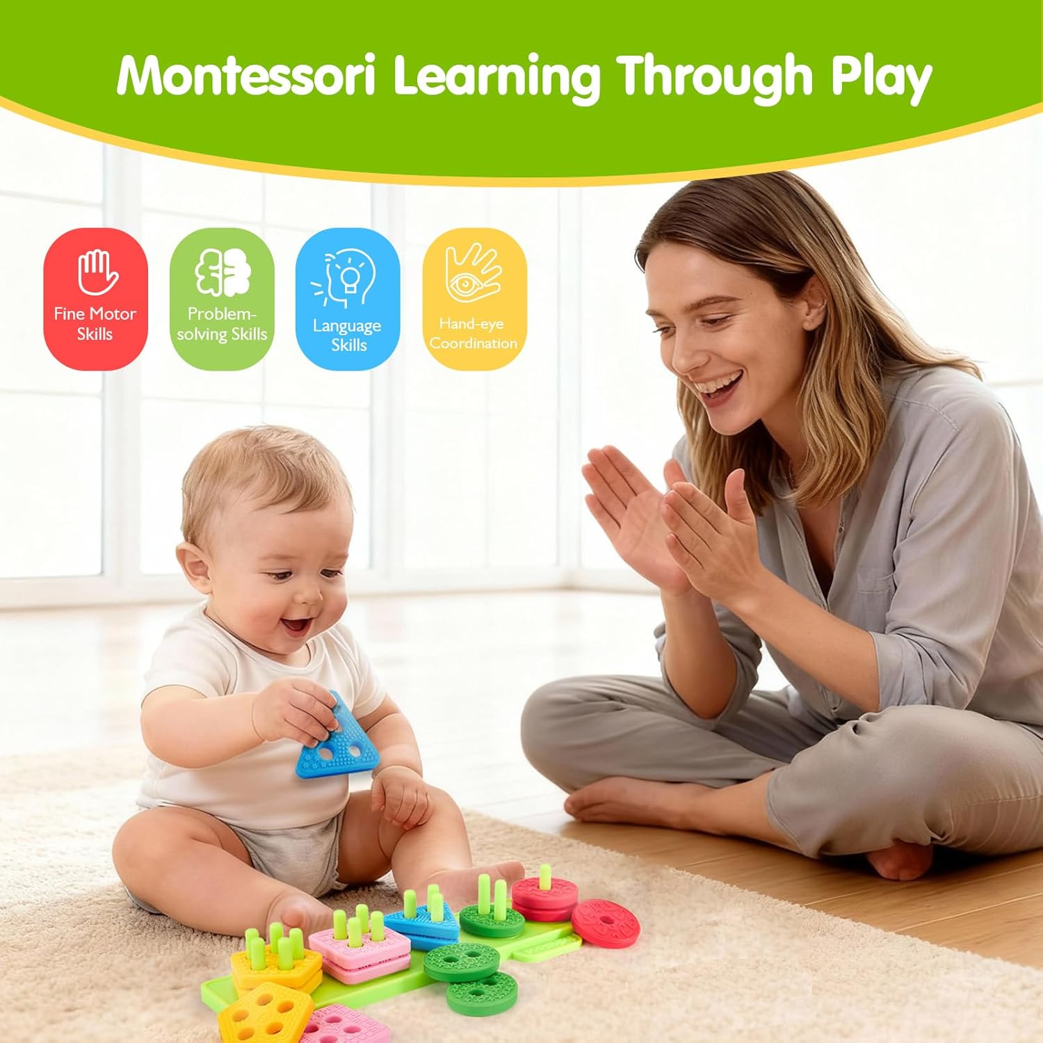 Detalle de hahaland Silicone Sorting & Stacking Toys for Toddlers (1–3) — Montessori-Inspired Sensory Blocks