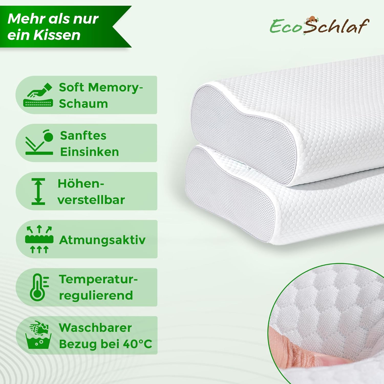 Thumbnail 4 de EcoSchlaf® Orthopädisches Premium-Nackenkissen aus Soft Memory Foam (weiß) – für Seitenschläfer