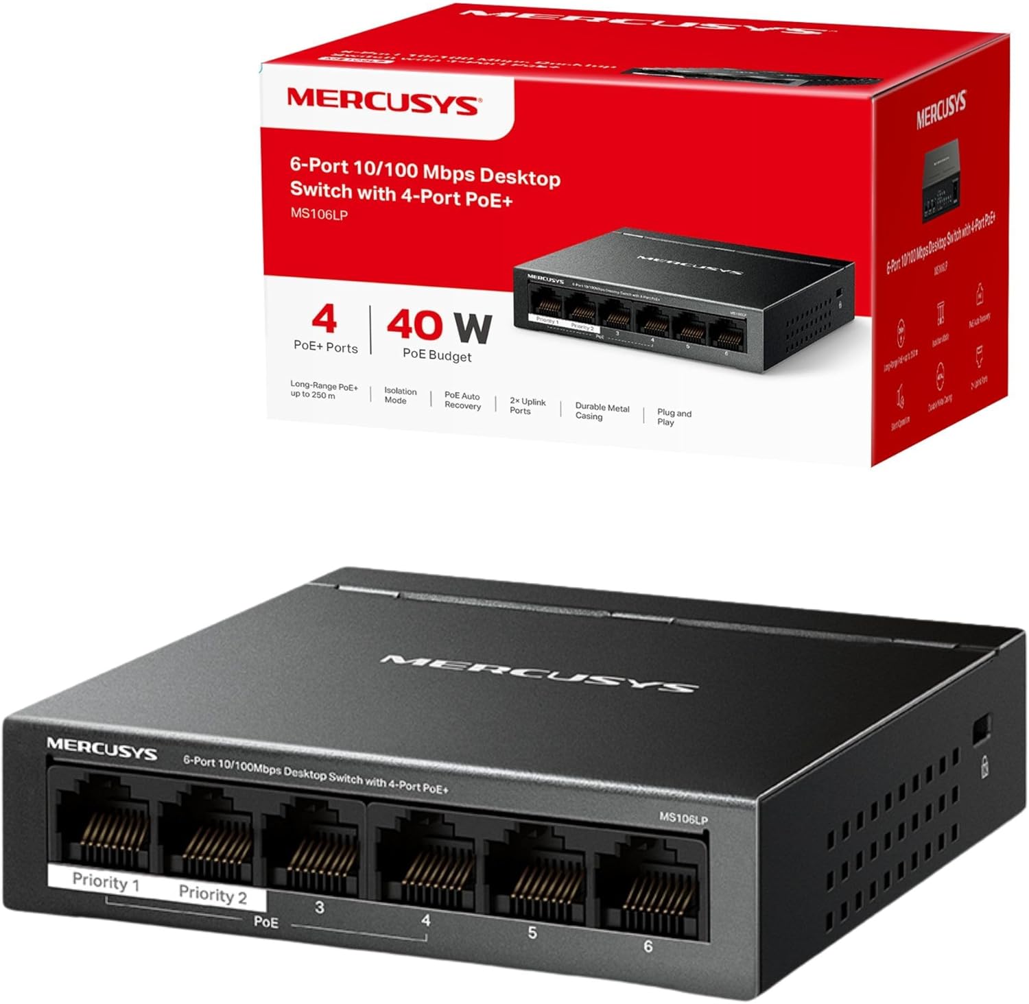 Detalle de MERCUSYS MS106LP 6-Port PoE+ Network Switch (4 PoE+ Ports) – 10/100 Mbps, Metal Case, Plug and Play