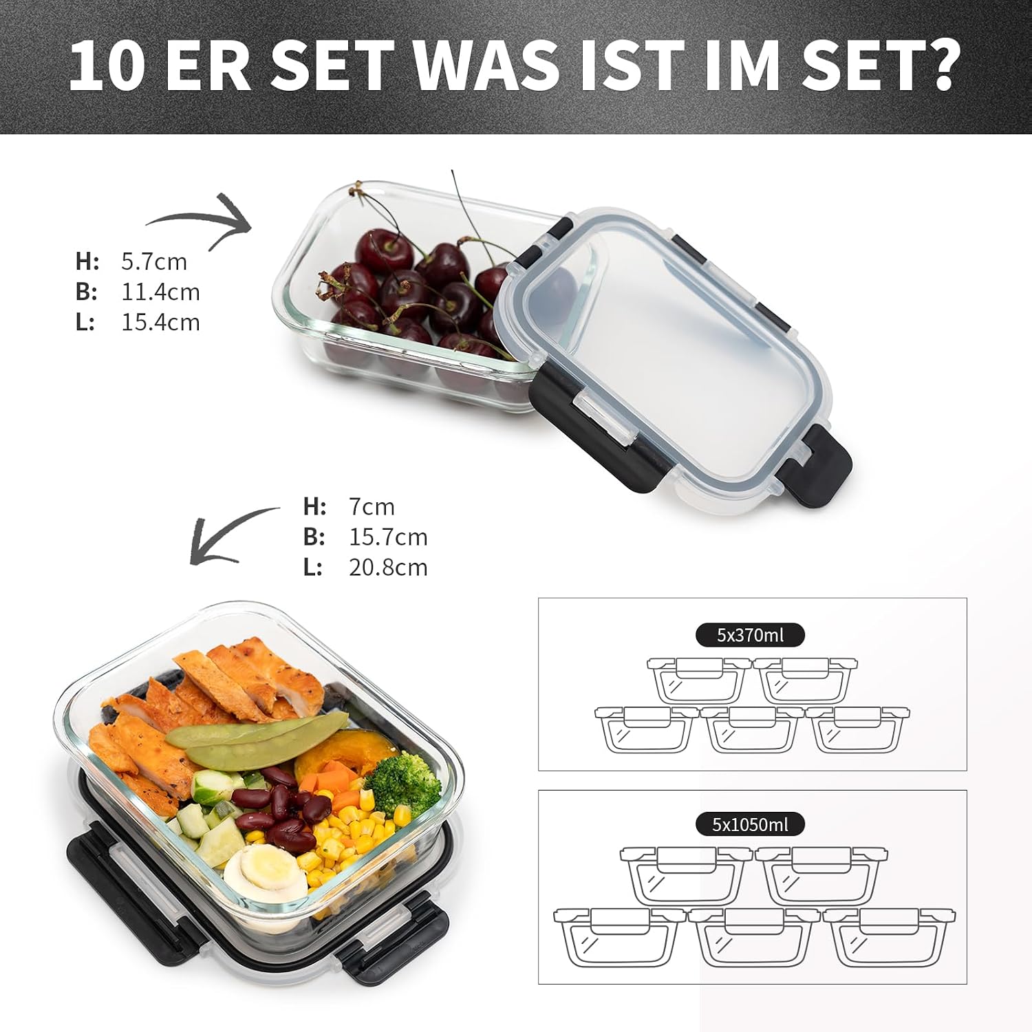 Detalle 2 de S SALIENT Glas-Frischhaltedosen Set – 10-teiliges Meal-Prep Glasbehälter-Set mit Deckel (5x1050ml + 5x370ml)