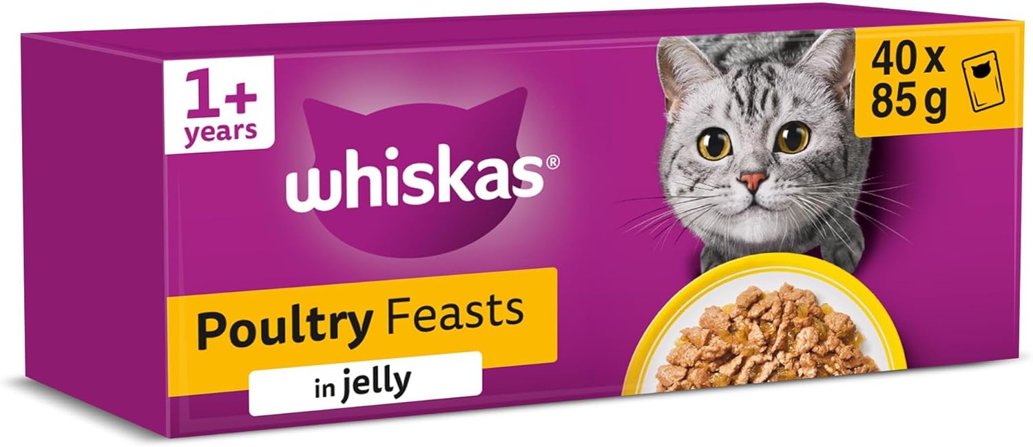 Whiskas Adult Wet Cat Food in Jelly Poultry Feasts 40x85g — A practical daily dinner for 1+ cats