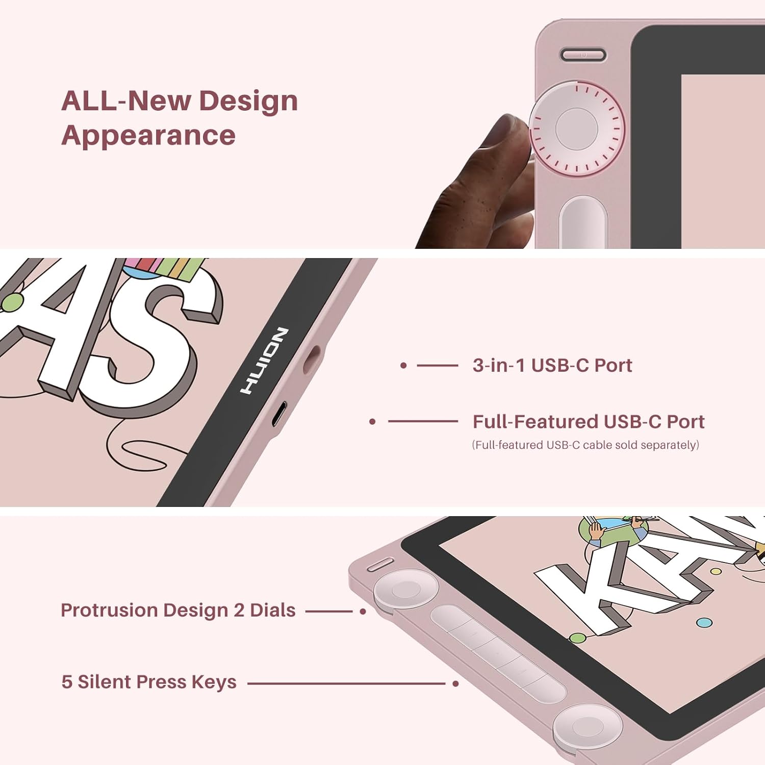 Thumbnail 4 de HUION Kamvas 13 (Gen 3) Drawing Tablet with Screen — 13-inch Full-Laminate Pen Display (Pink)