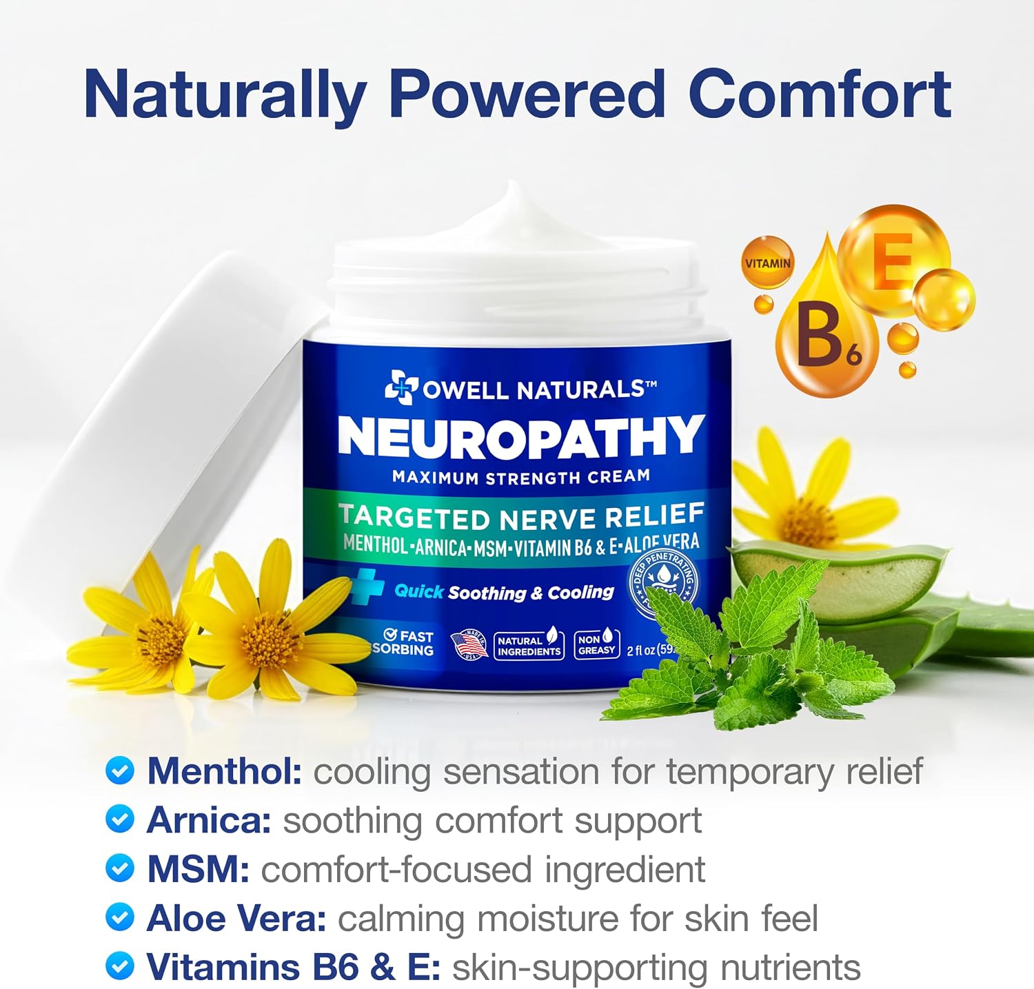Thumbnail 6 de Owell Naturals Neuropathy Cream Extra Strength – Fast Absorbing Cooling 2-Pack