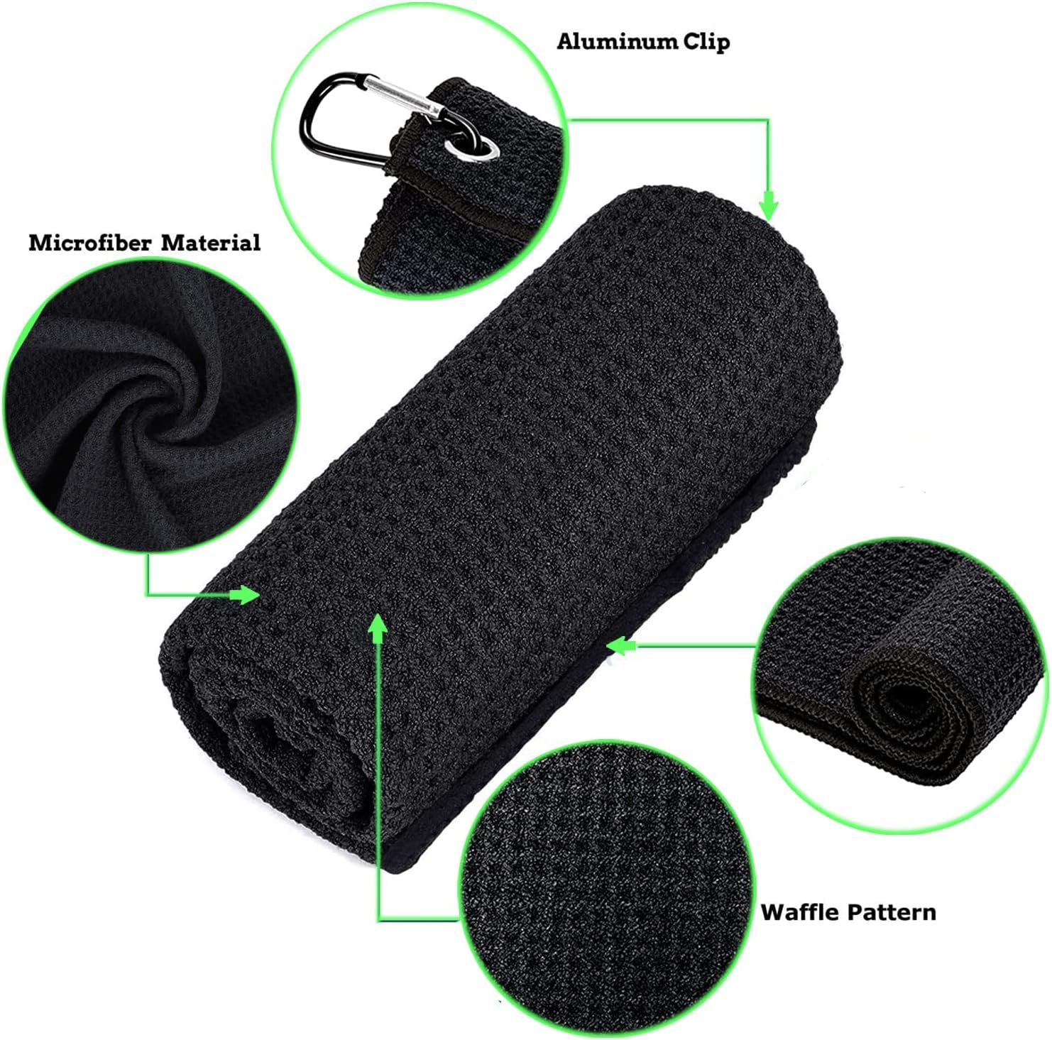 Thumbnail 6 de QeeHeng 2er Golf-Handtuch-Set aus Mikrofaser mit Waffelmuster, 60 × 40 cm, Tri-Fold inkl. Karabiner-Clip – Schwarz/Blau