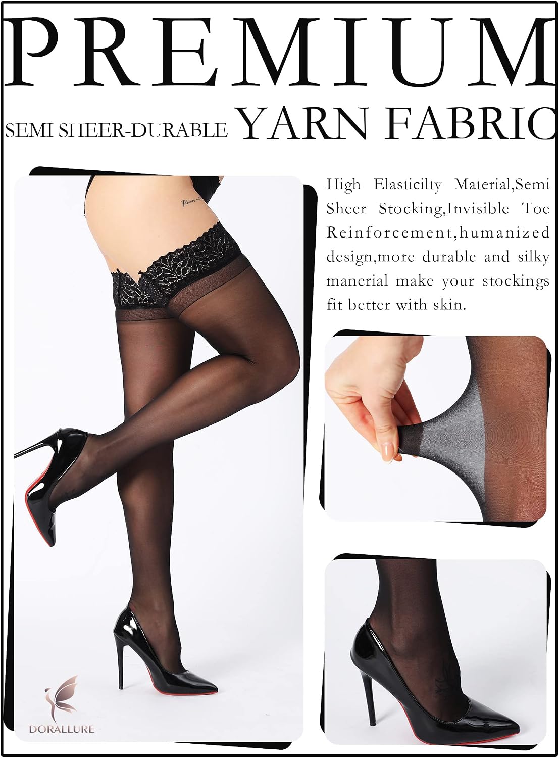 Detalle 2 de DORALLURE Thigh High Stockings, 20D Sheer with Silicone Lace Top
