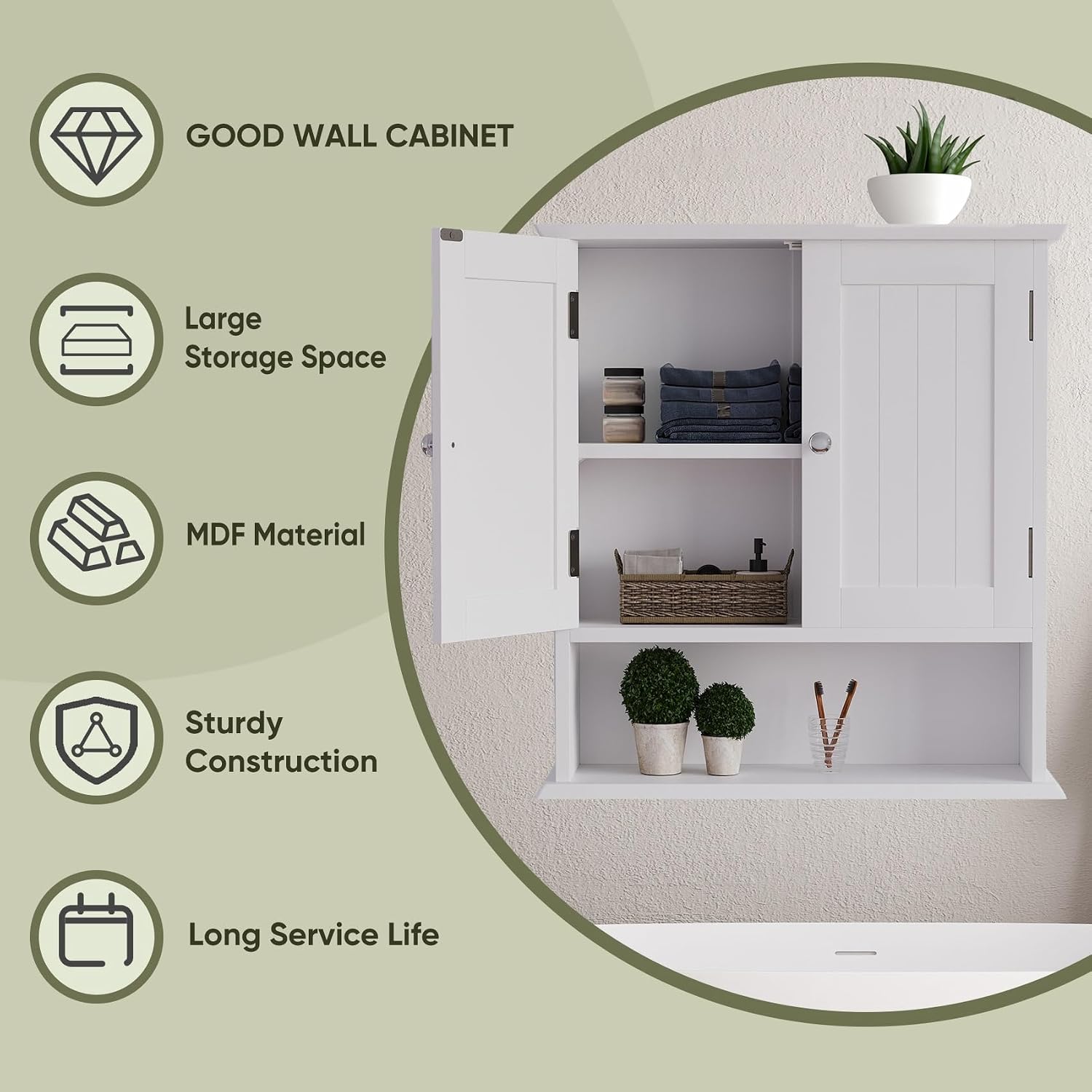 Detalle 2 de Smuxee bathroom wall cabinet, white engineered wood, 2 doors, adjustable shelves