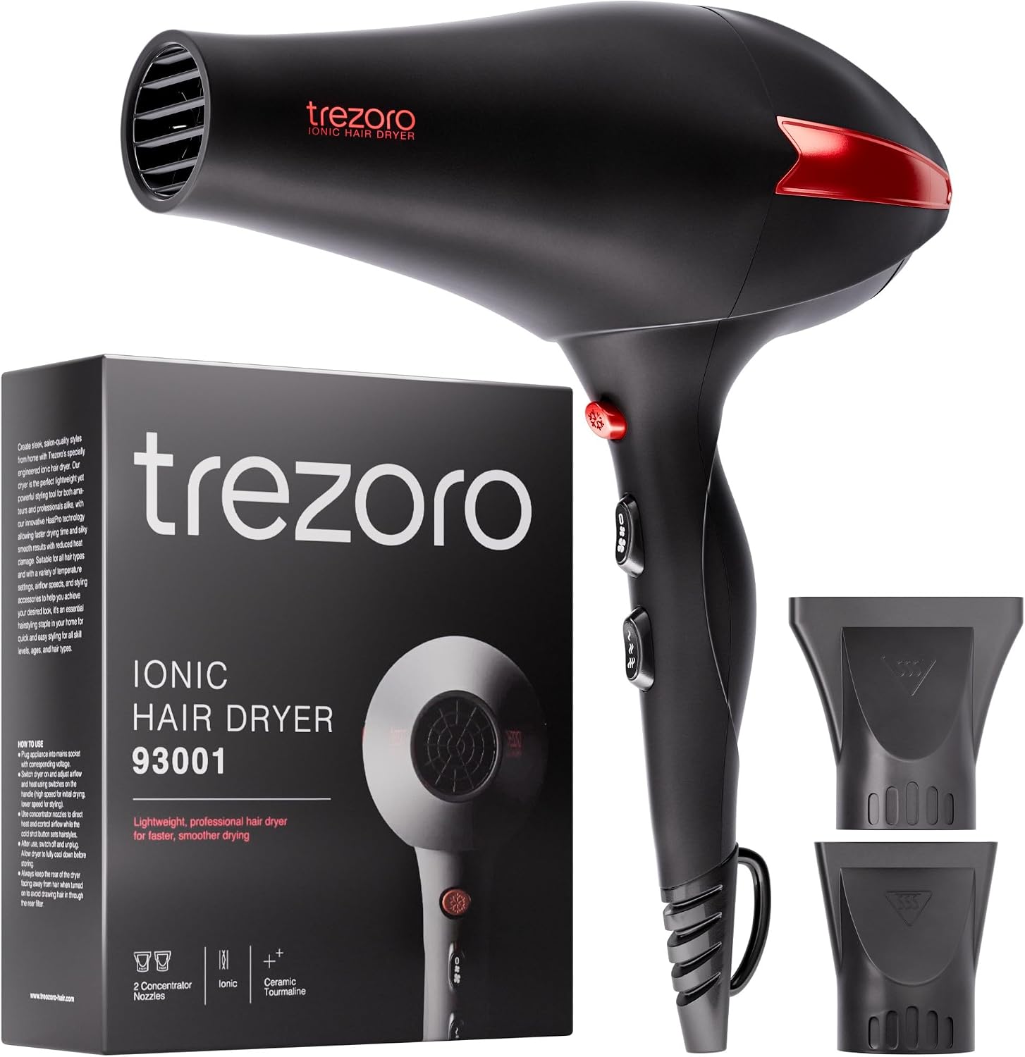 Detalle de TREZORO Professional Hair Dryer (2000W) with Ionic Ceramic Tourmaline + Narrow/Wide Concentrator Nozzles, 3 Heat & 2 Speed Settings