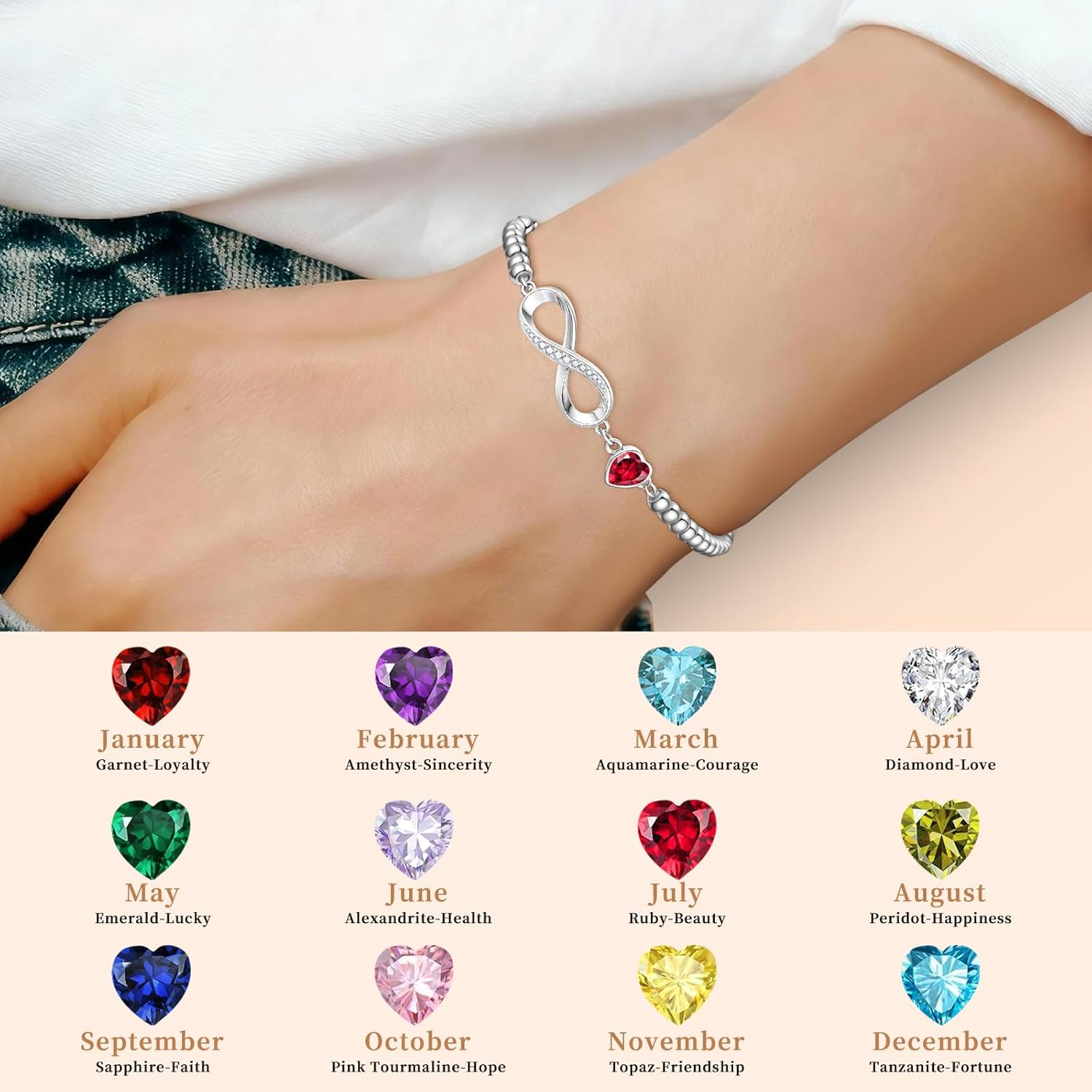 Thumbnail 2 de KLIFOWDY S925 Sterling Silver Infinity Heart Birthstone Bracelet for Women