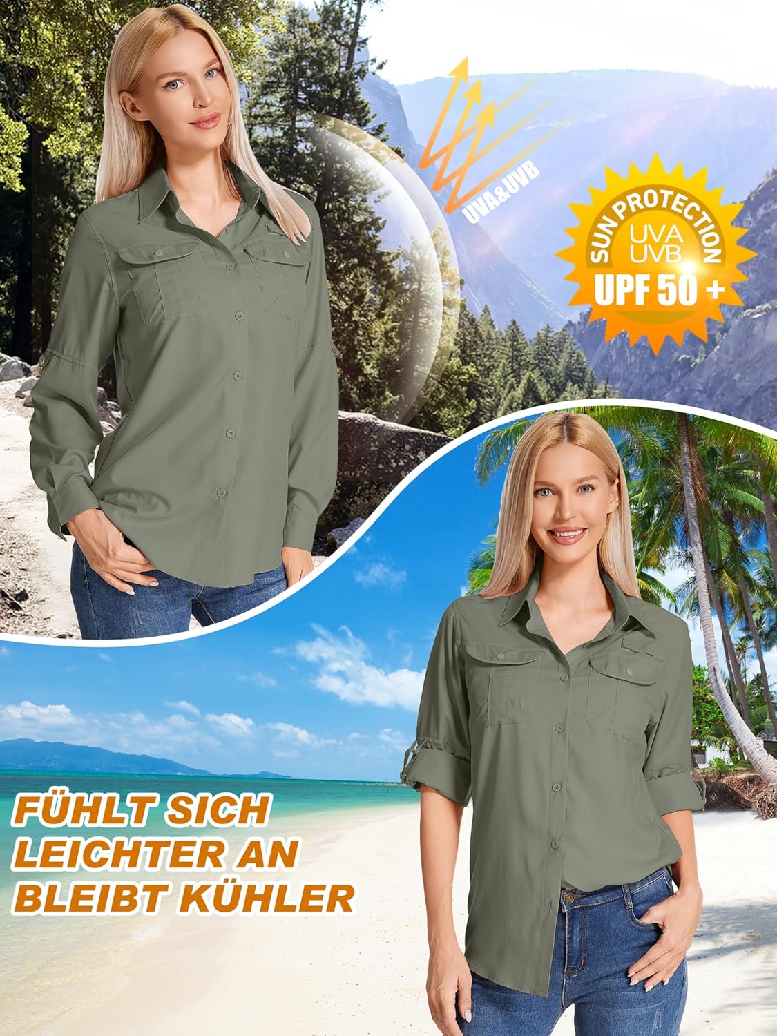 Detalle 2 de Jogwits Camicia da Safari a Maniche Lunghe da Donna – tessuto traspirante, rapido asciugaggio e UPF50+