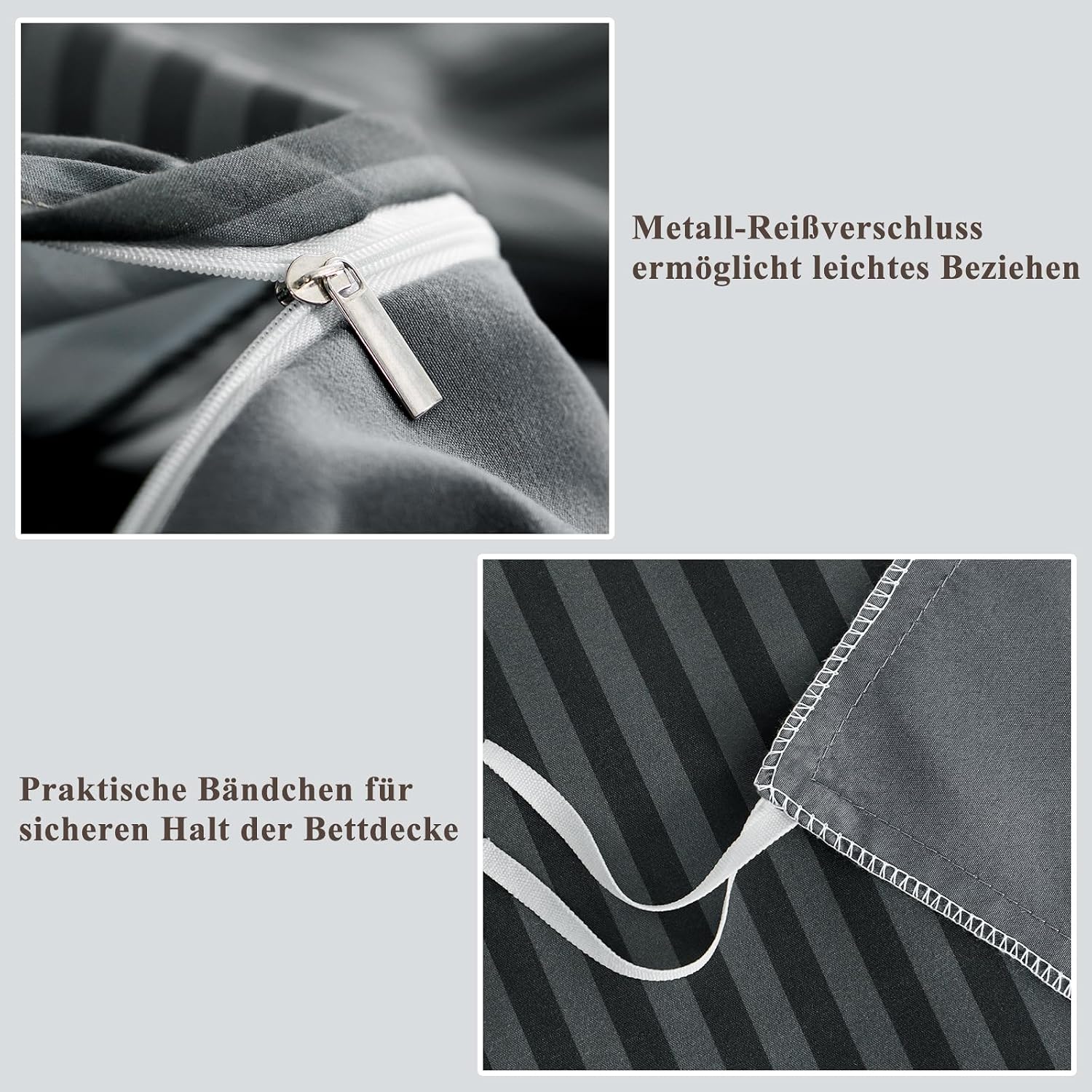 Detalle 2 de Aisbo Bettwäsche 135x200 4-teilig (Gestreift Anthrazit) mit Mikrofaser – Bettdeckenbezug & 2 Kissenbezüge
