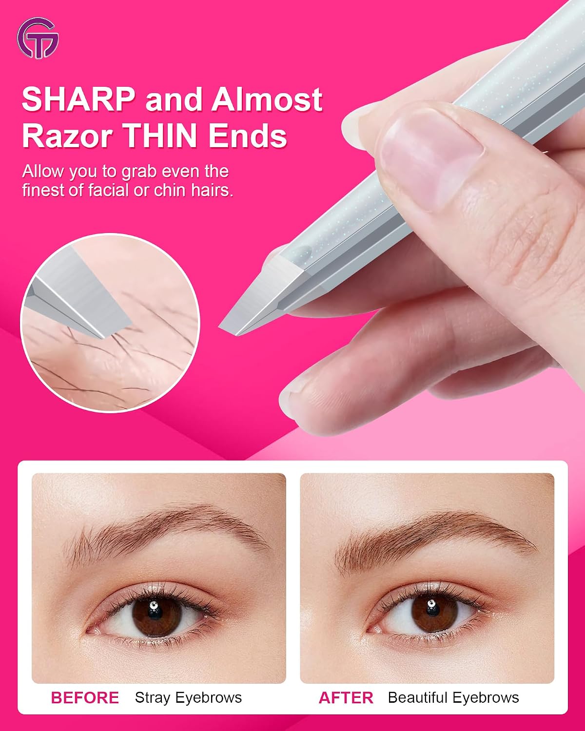 Detalle 2 de Expert Slant Tip Tweezers with Leather Case by GlamTweeler — Sharp, Precise Stainless Steel Eyebrow & Facial Hair Removal (Sparkle Silver)