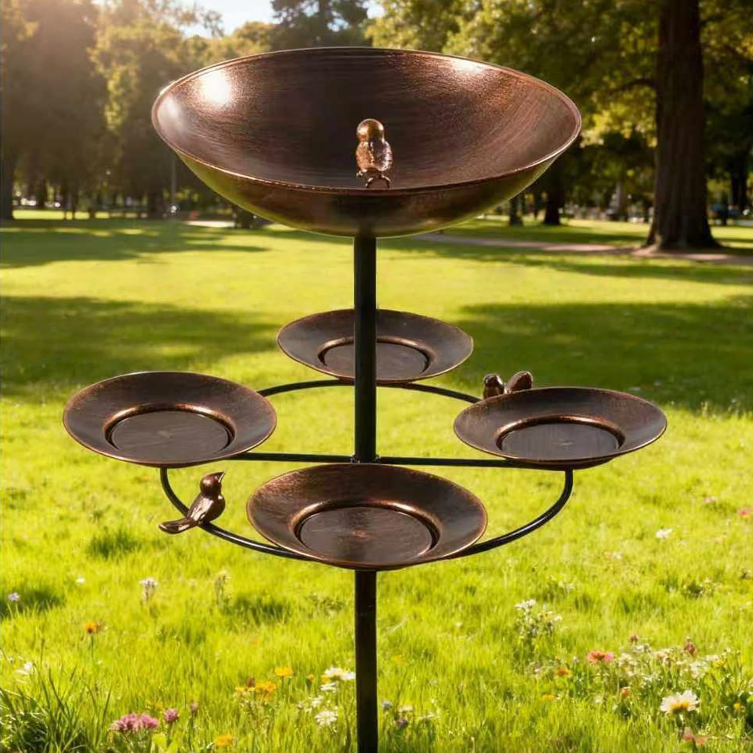 Detalle 2 de 42In Bird Bath with Feeder for Garden – Vintage Stainless Steel Standing Bath & 4-Tray Feeder