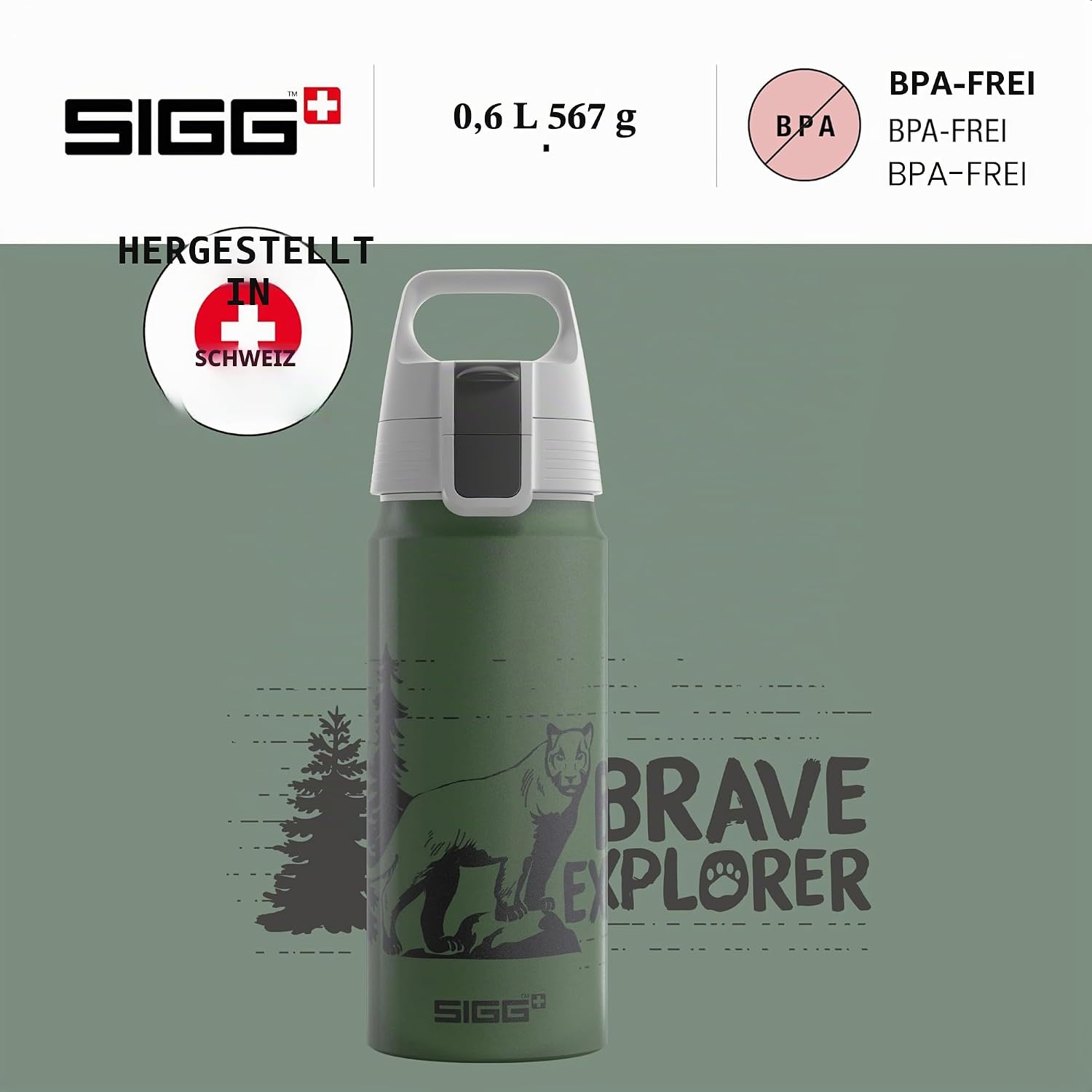 Detalle 2 de Sigg WMB ONE Brave Lion – Alu Trinkflasche Kinder 0,6 L, Moosgrün, auslaufsicher, BPA-frei, klimaneutral