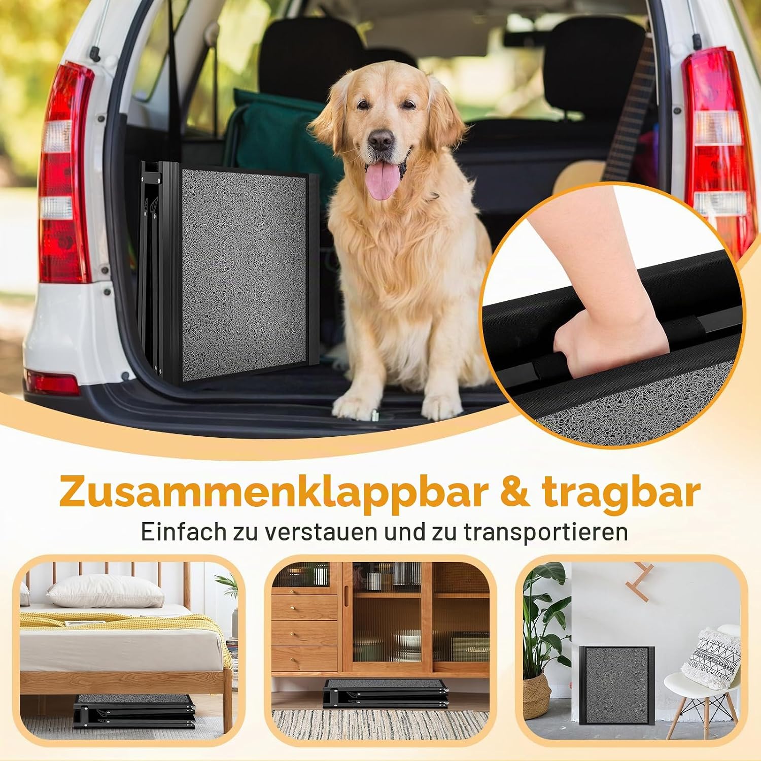 Detalle de Hunderampe Auto Klappbar aus Aluminium, bis 100 kg belastbar – 170 x 44 cm, rutschfeste Teppichoberfläche