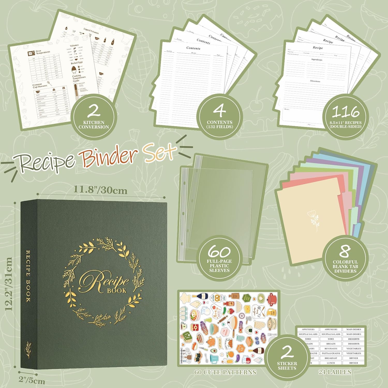 Detalle de Lanpn Recipe Binder 8.5x11 3 Ring Kit – Waterproof, Write-Your-Own Recipes with 60 Plastic Sleeves