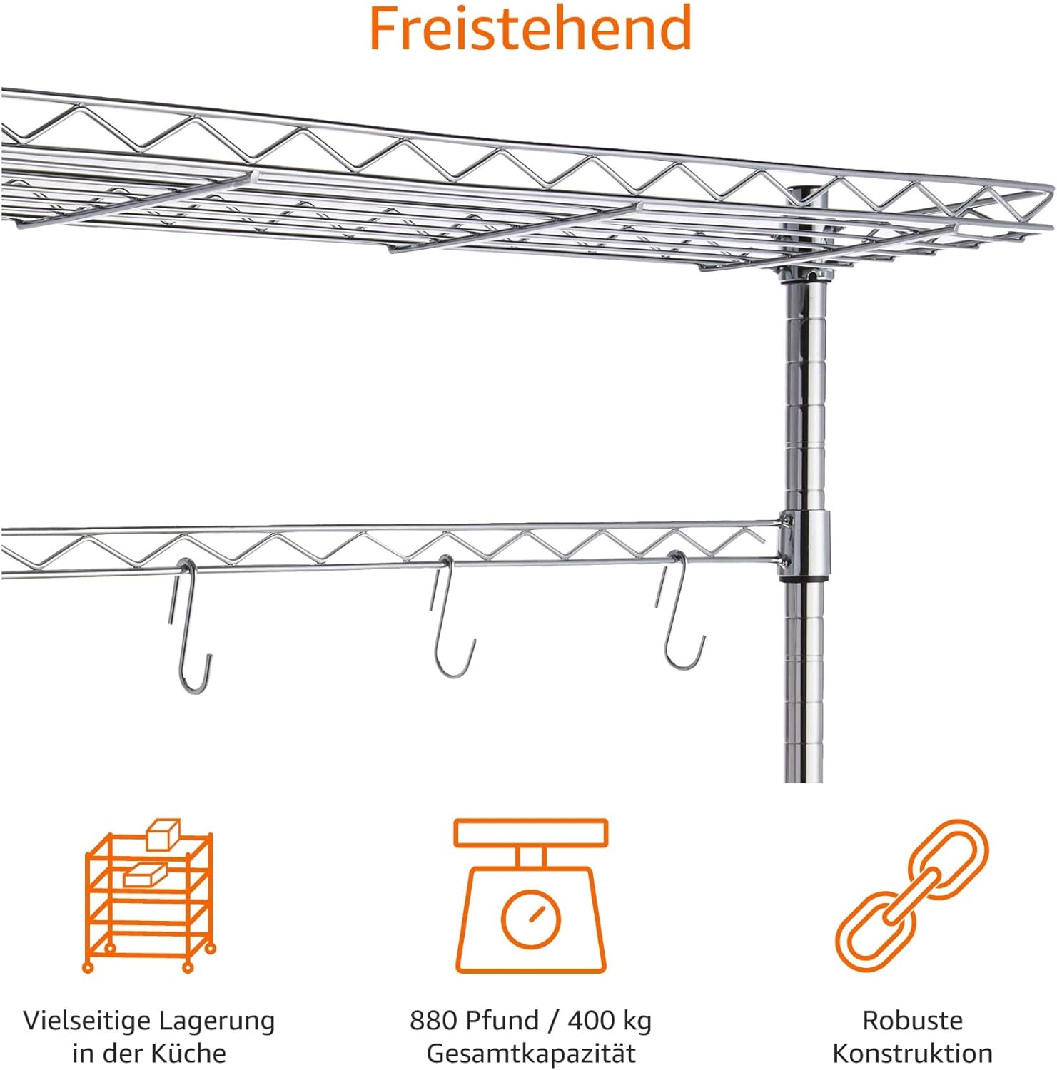Detalle 2 de Amazon Basics Küchenregal 3 Regale – Holz/Chromfarben, 161 cm Höhe, Traglast 190,5 kg