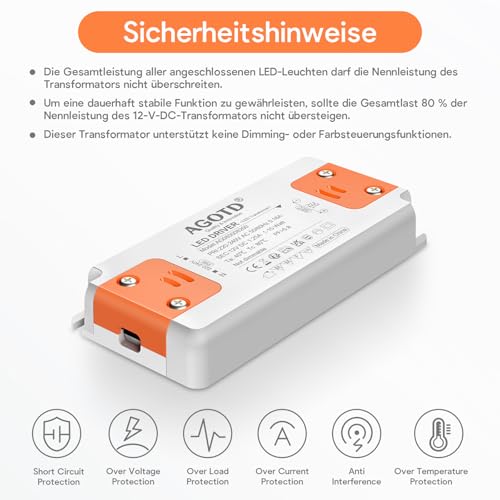 Detalle de Transformateur LED AGOTD 220-240V vers DC 12V 1,25A, 15W – alimentation constante pour LED (intérieur)