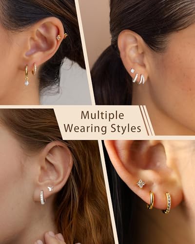 Detalle 2 de Halora Silver Earrings for Women: 8 Styles in 3-Pair Sets – 925 Sterling Silver Hypoallergenic Studs & Hoops