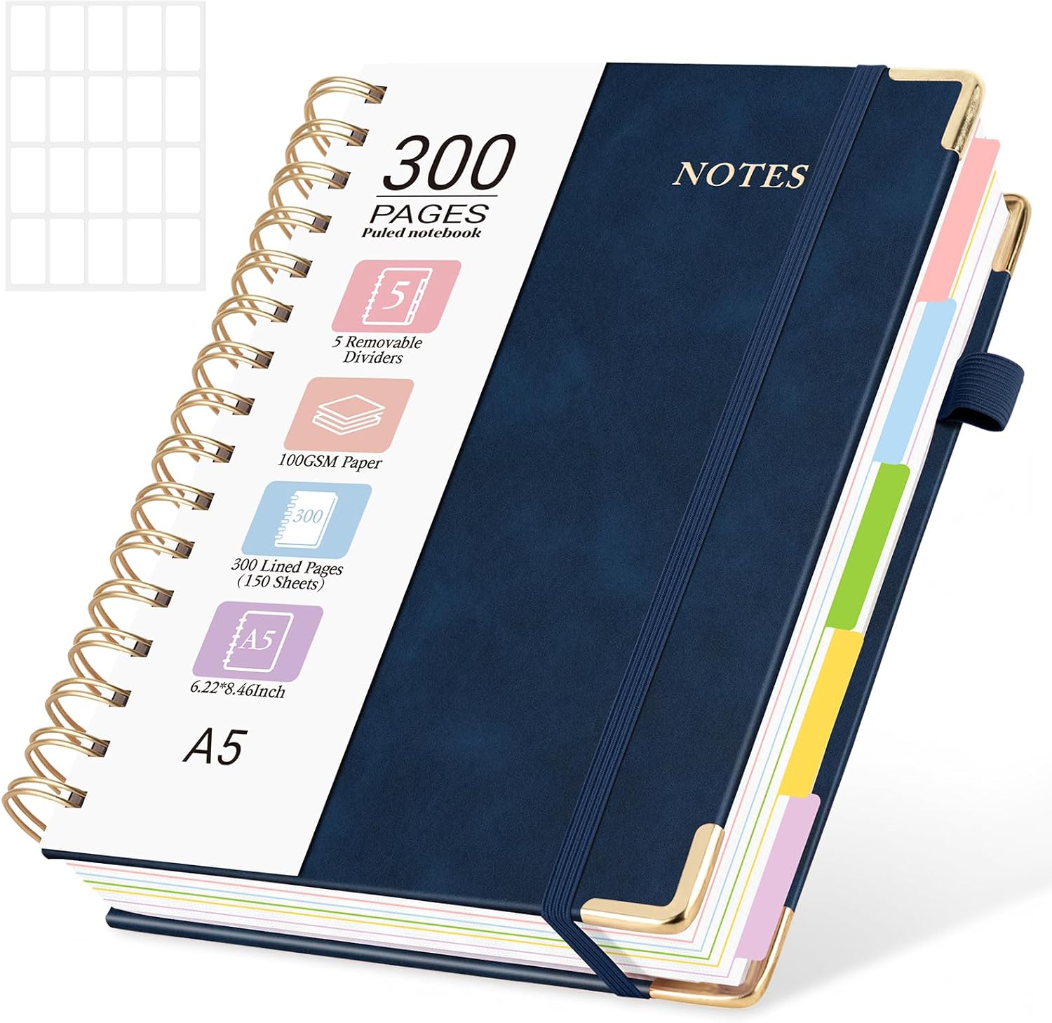 Detalle de MOFELON A5 Notebook with Dividers: 300-Page Spiral Journal in Navy Blue