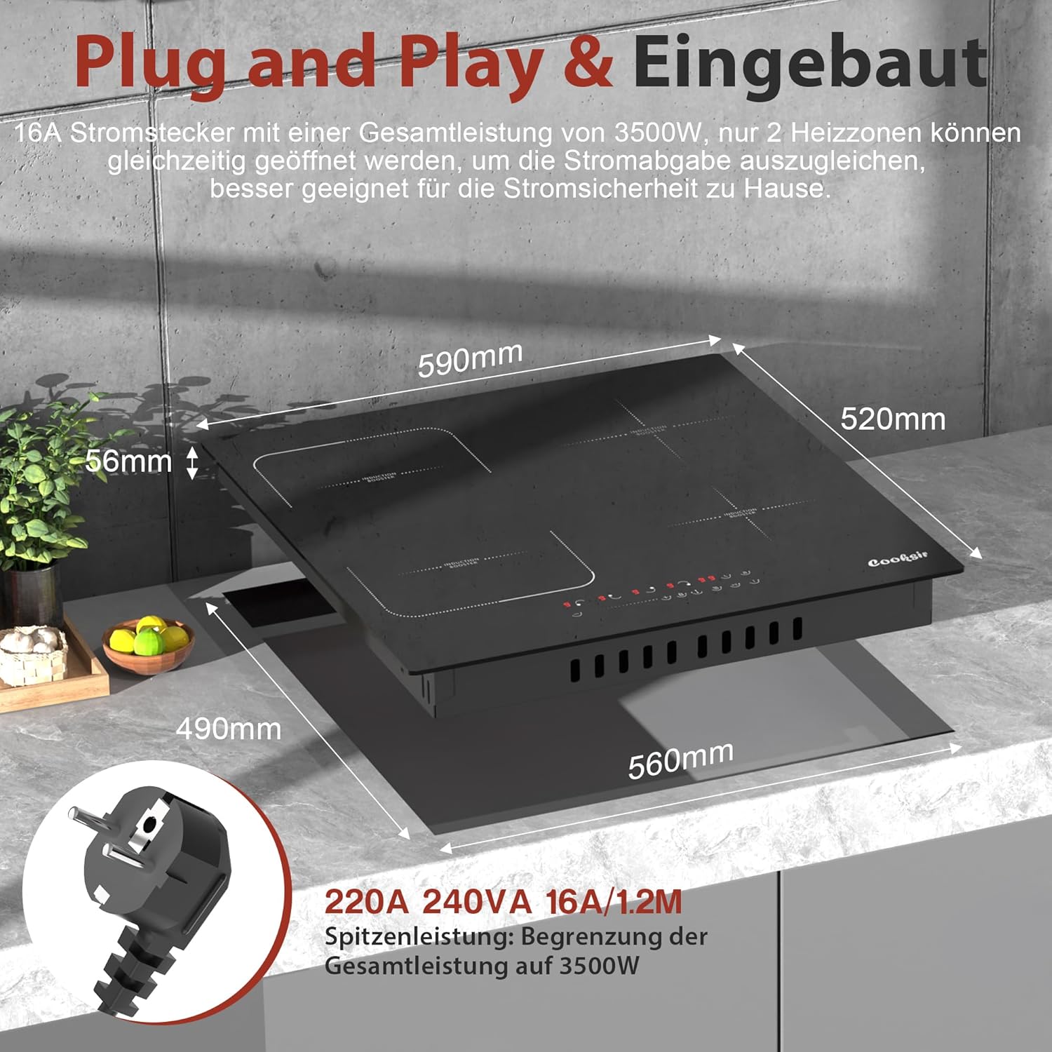 Thumbnail 6 de Cooksir Induktionskochfeld 60 cm mit Stecker – 4 Zonen, 3500 W, 220 V, 16 A