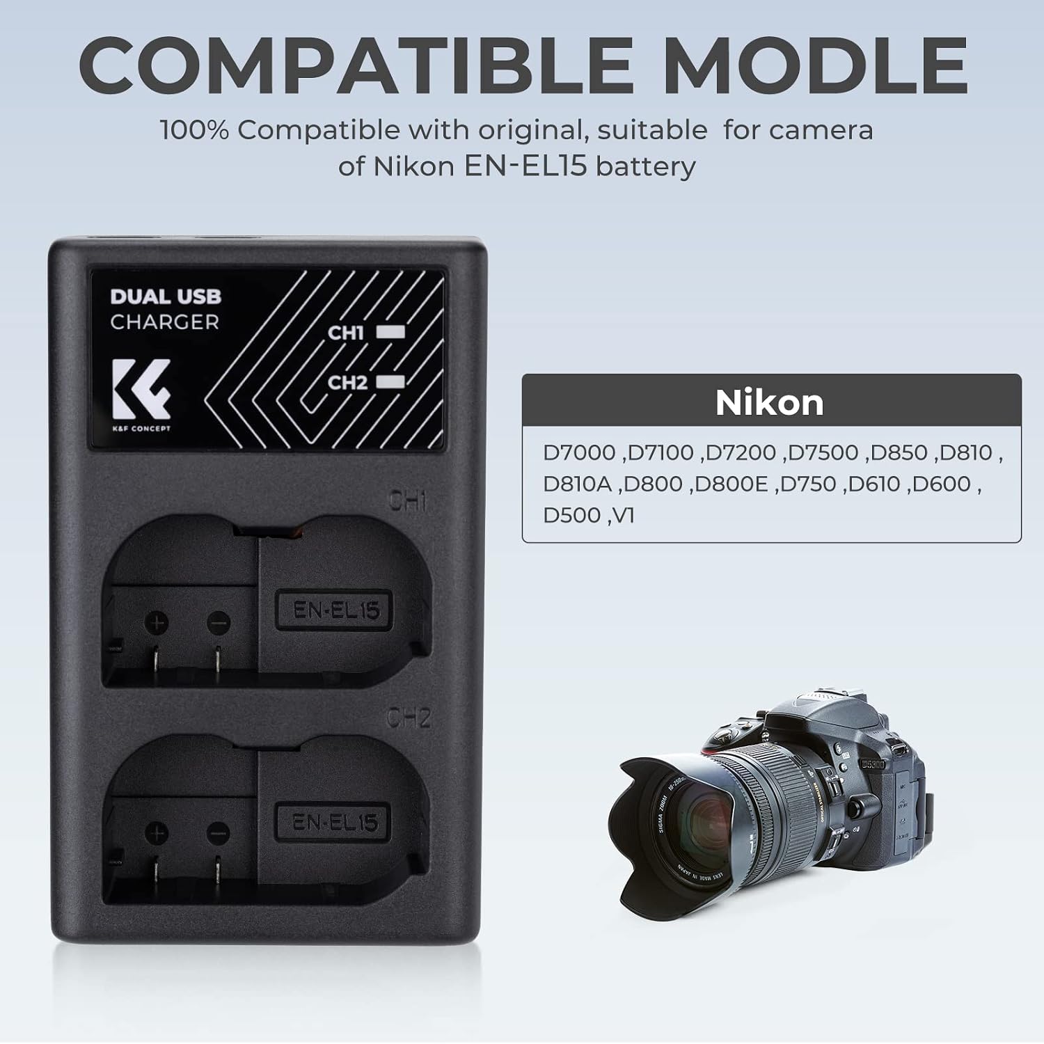 Detalle 2 de K&F CONCEPT EN-EL15 Dual Slot Fast Charger (EN-EL15/EN-EL15a/EN-EL15b) with USB-C and Micro USB cable