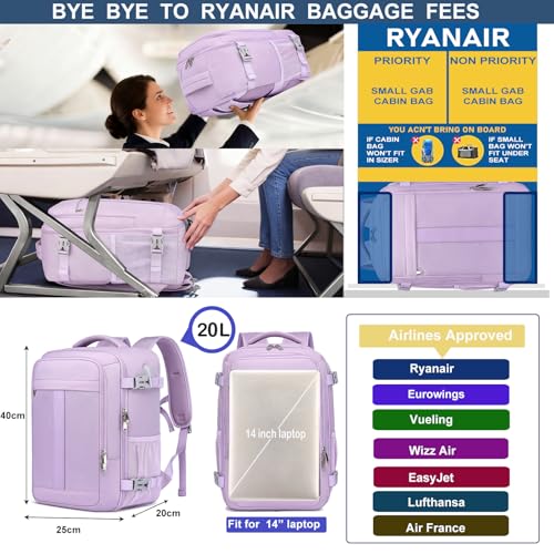 Thumbnail 1 de PUSLOM Mochila de cabina para avión 40x20x25 cm (20 L) con puerto USB y bolsillo antirrobo, lila