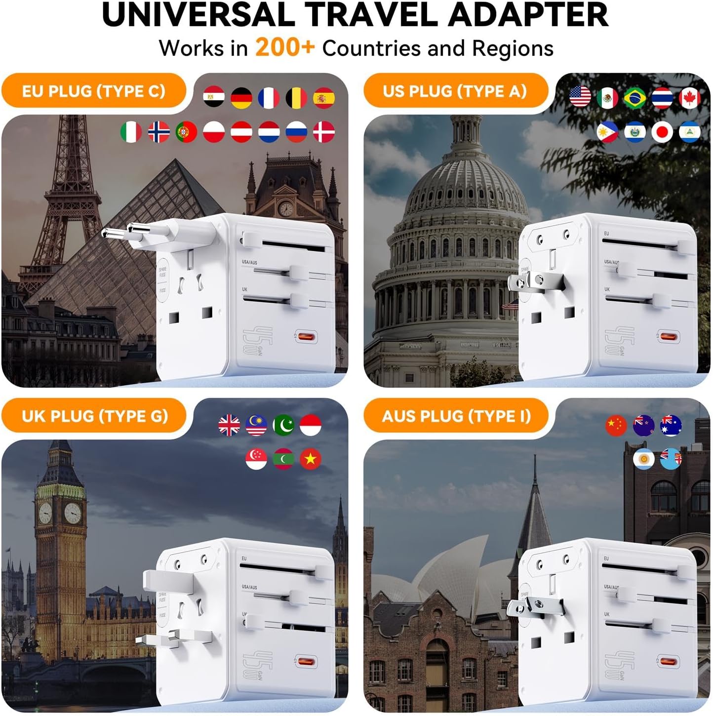 Thumbnail 1 de Auxmir Weltweit Reiseadapter: 45W PD Schnellladen mit 2 USB-A, 3 USB-C und 3 AC-Steckdosen