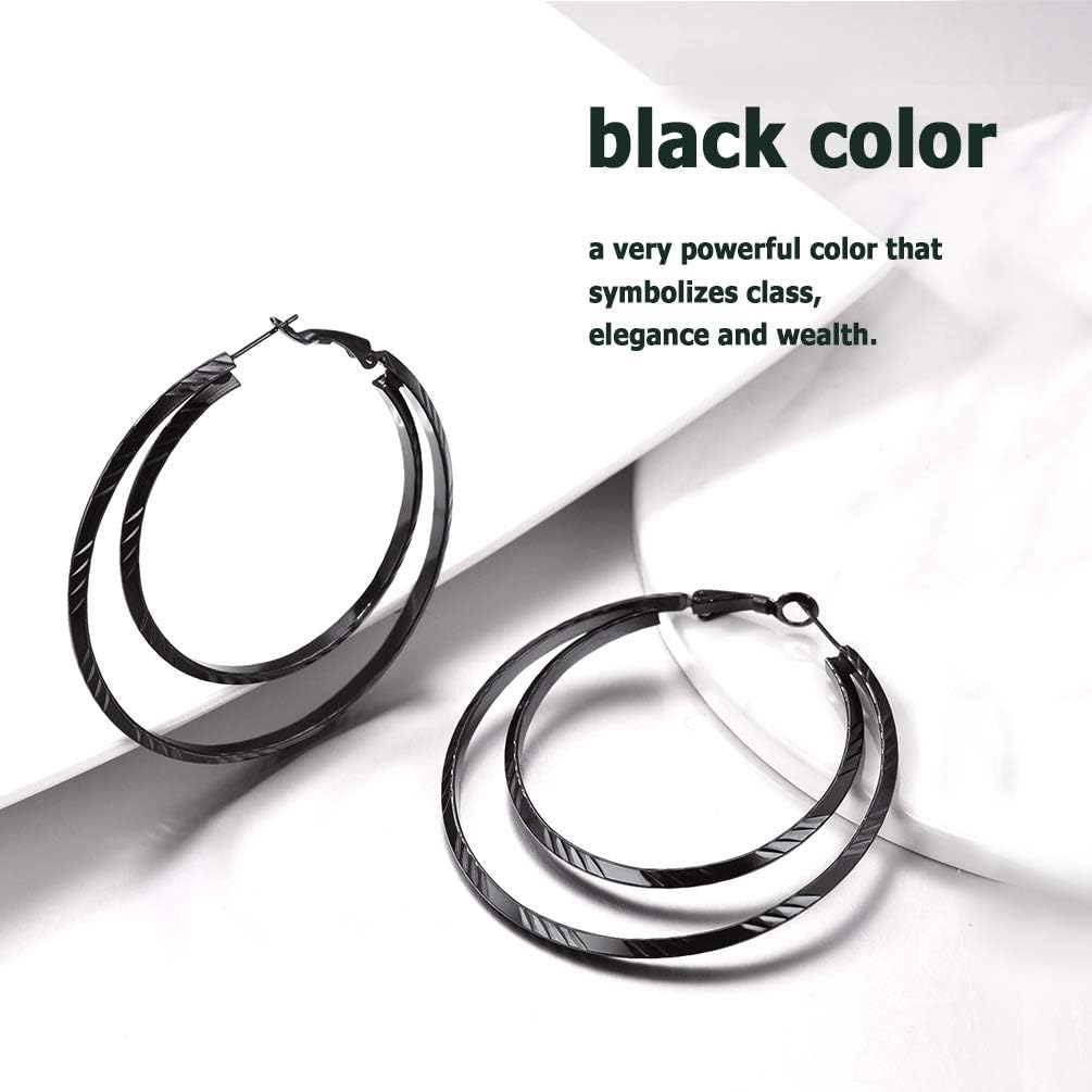 Thumbnail 4 de PROSTEEL Boucles d’oreilles créoles noires 60 mm double anneau en acier inoxydable 316L