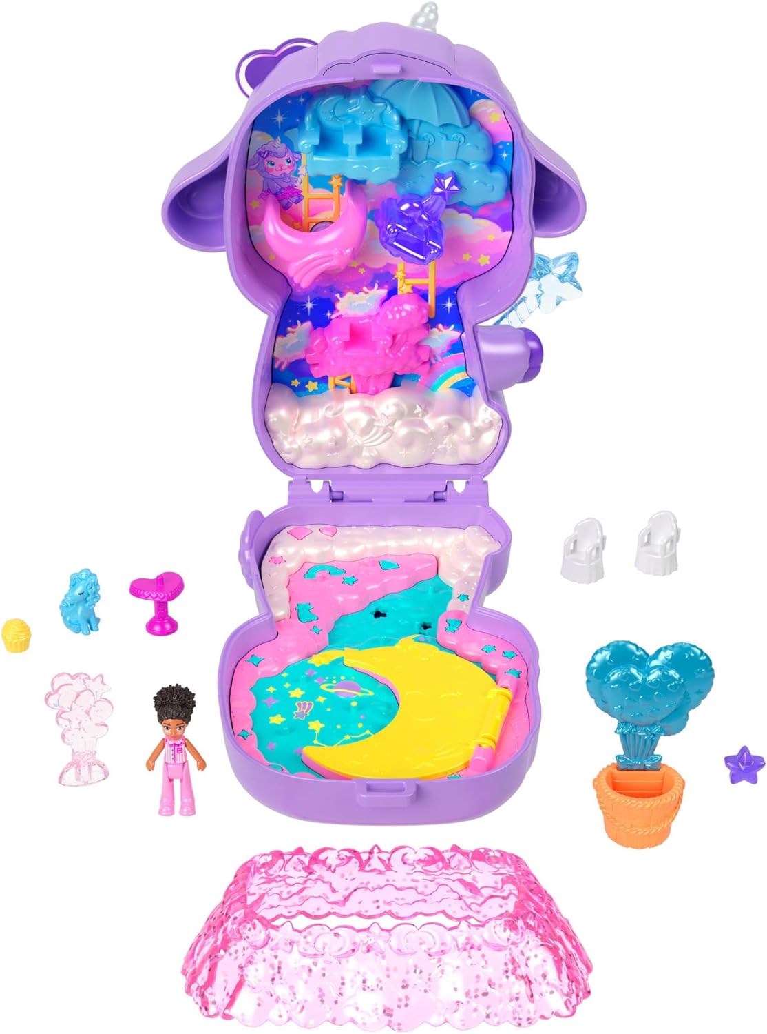Detalle 2 de Polly Pocket Traumland-Schatulle in Lammform – Reisespielzeug mit Minipuppe und Einhorn
