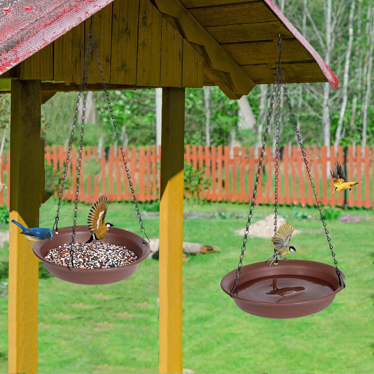 Detalle 2 de VUWEZ 12-Inch Hanging Bird Bath Tray, Chocolate PP Plastic with 18.5-Inch Chain
