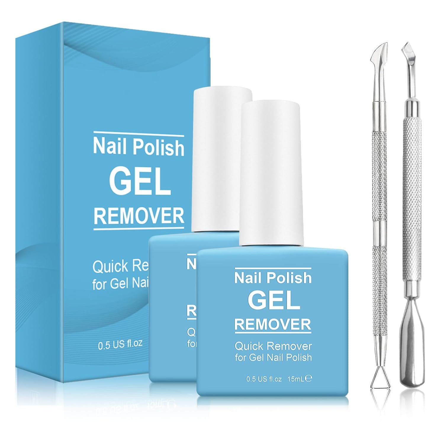 2 Pack Gel Nail Polish Remover (Magic Gel Polish Soak-Off) with Cuticle Pusher and Nail Scraper