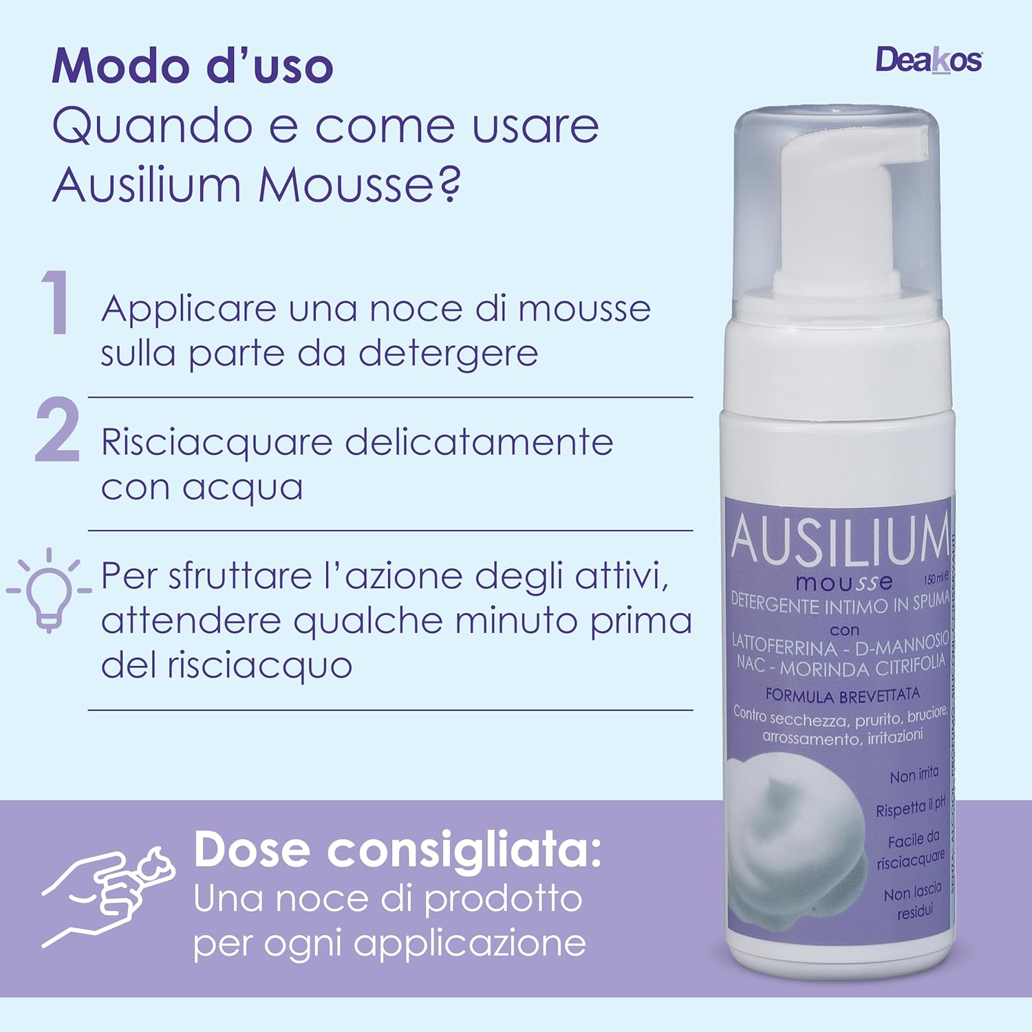 Detalle de Deakos Ausilium Mousse Detergente Intimo: sollievo delicato per tutta la famiglia