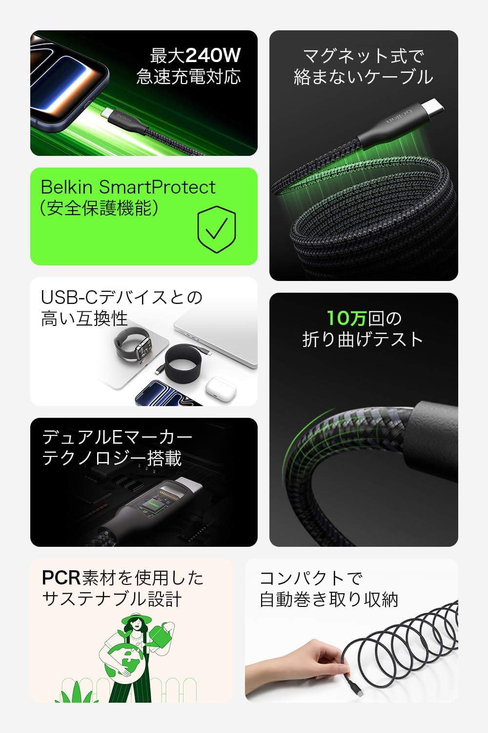 Detalle de Belkin CAB028qc2MWH USB-Cケーブル 240W・2m・丸型・高耐久