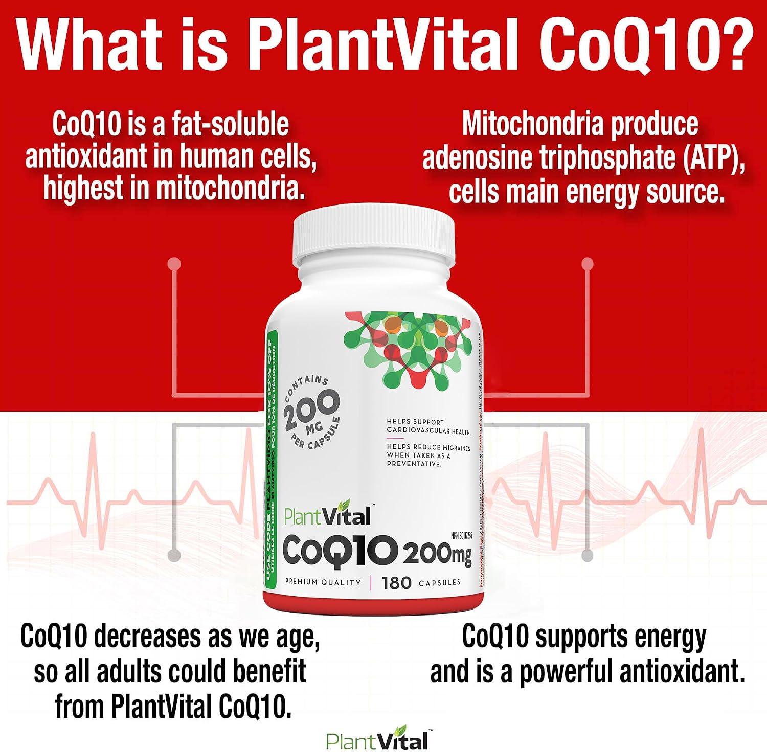Detalle de PlantVital Coenzyme Q10 CoQ10 Supplement, 200 mg Vegan Capsules, 180 Count