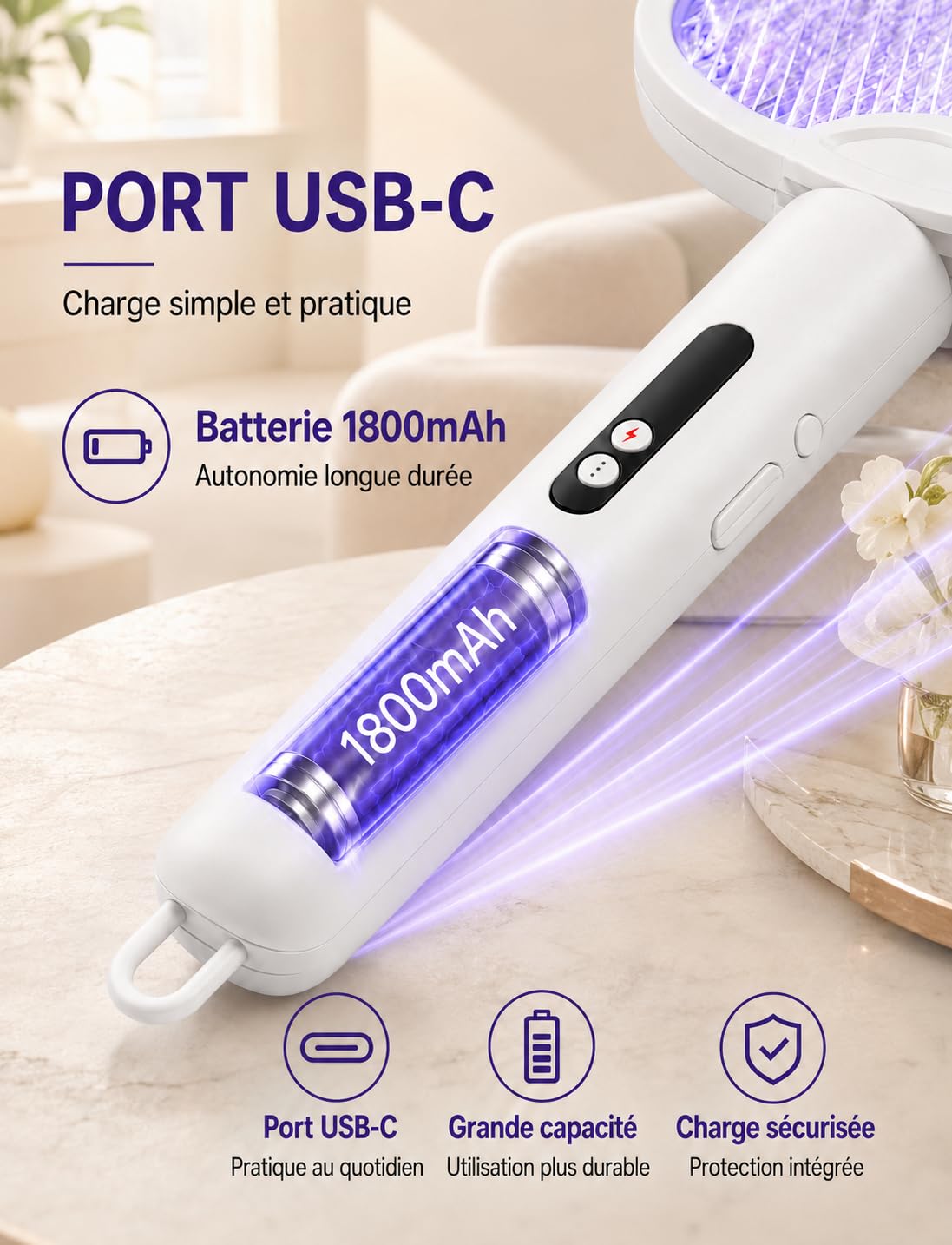 Detalle de WOCVRYY Raquette Moustique Électrique – 4000V, 1800mAh, 3 Modes, Rétractable 180°
