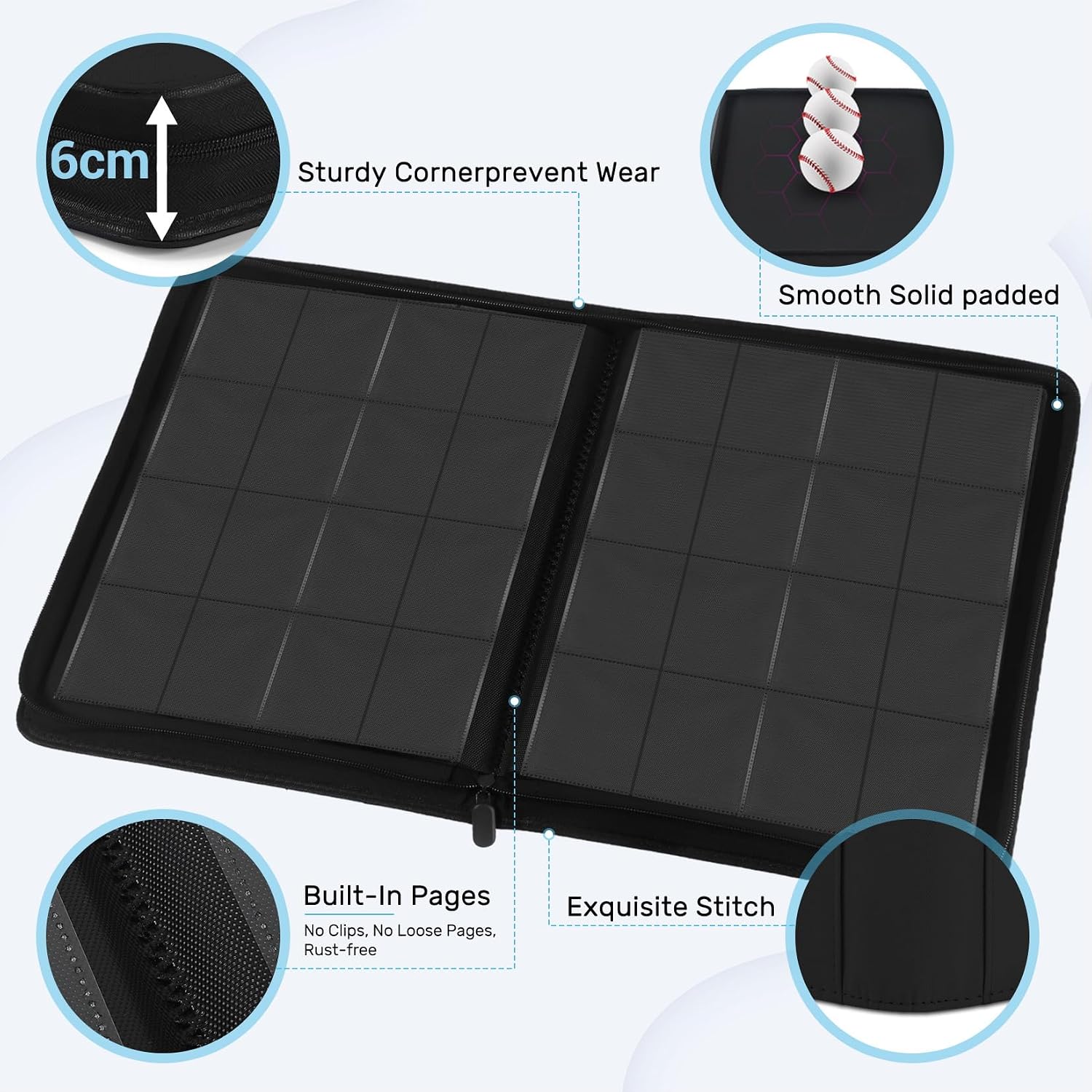 Detalle 2 de WITHYU Card Binder 16 Pocket (Zippered, Ringless & Side-Loading) for 1024 Trading Cards – Black