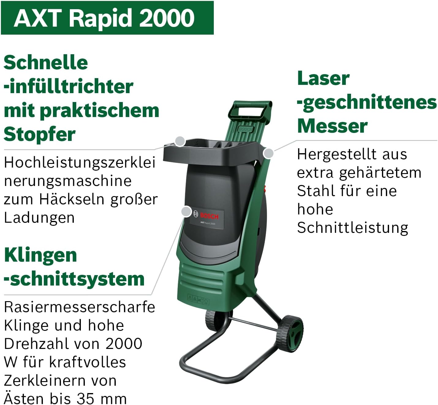 Detalle de Bosch AXT Rapid 2000 Häcksler – leistungsstarker Gartenhäcksler mit 2000-W-Motor